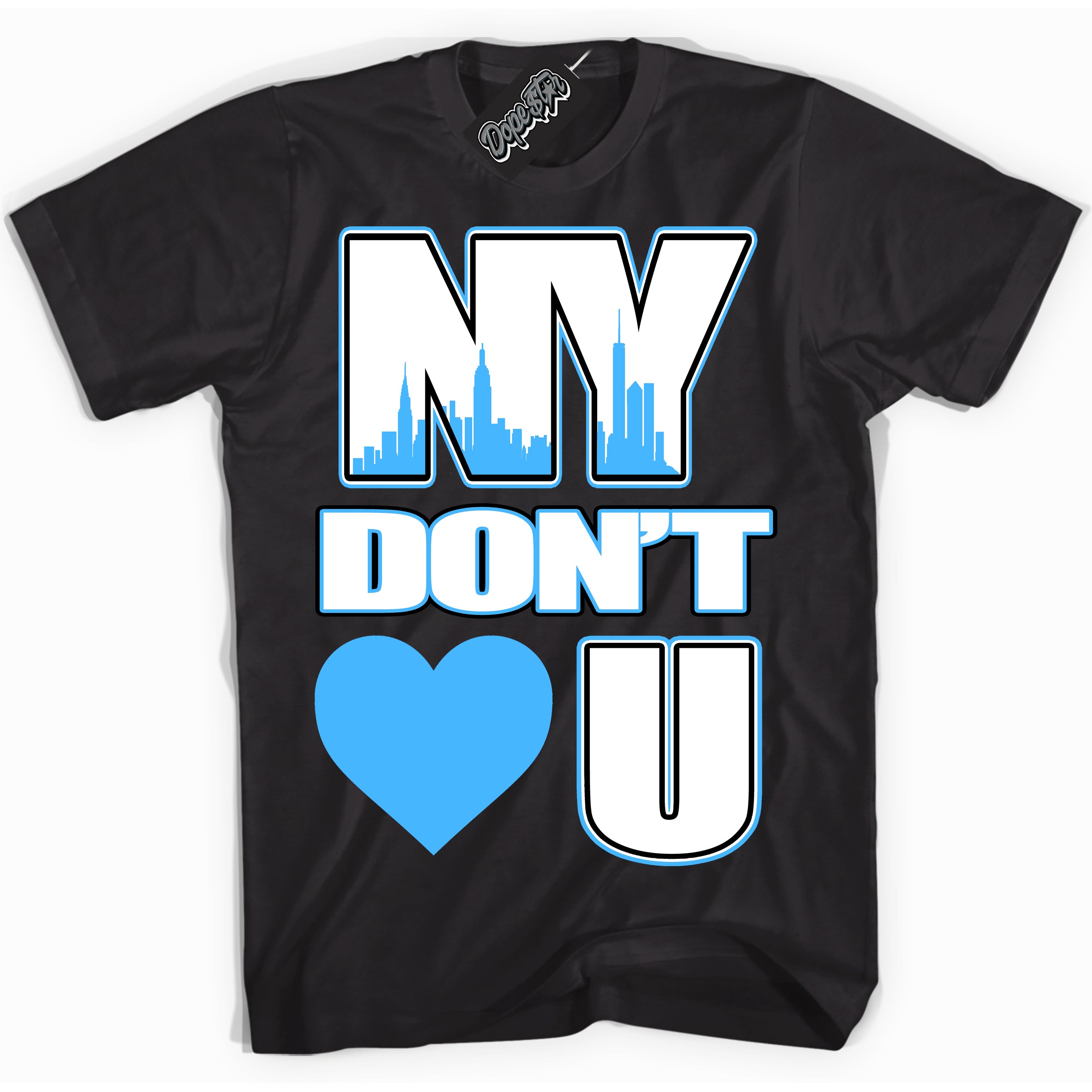 Cool Black graphic tee with “ NY Don't Love You ” design, that perfectly matches Powder Blue 9s sneakers 