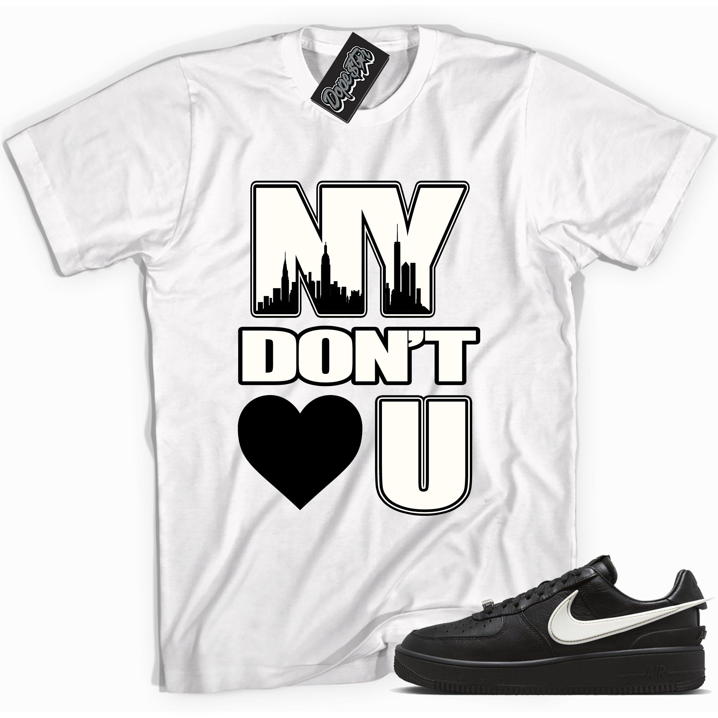 Cool white graphic tee with 'new york don't love you NY ' print, that perfectly matches Nike Air Force 1 Low SP Ambush Phantom sneakers.