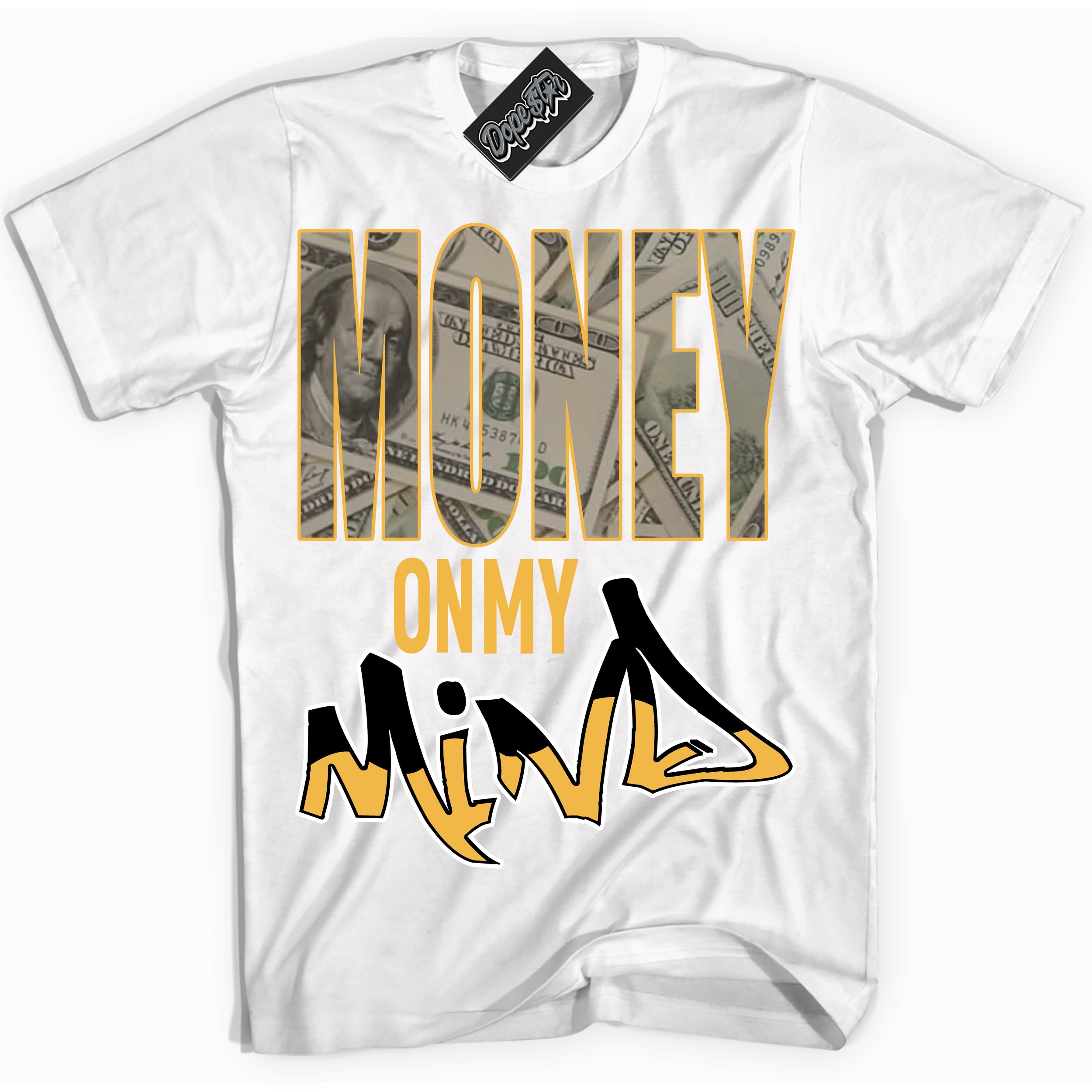 Nike Dunk High Wu-Tang 'Money On My Mind' Shirt - White Streetwear Mockup | Sneakerhead T-Shirt Matching Nike Dunk High Wu-Tang | Limited Edition Urban Streetwear for Sneaker Matching OOTD | Outfits that pair perfectly with your ND High Wu-Tang | Sneakerhead Fashion Must-Have Apparel for Men and Women