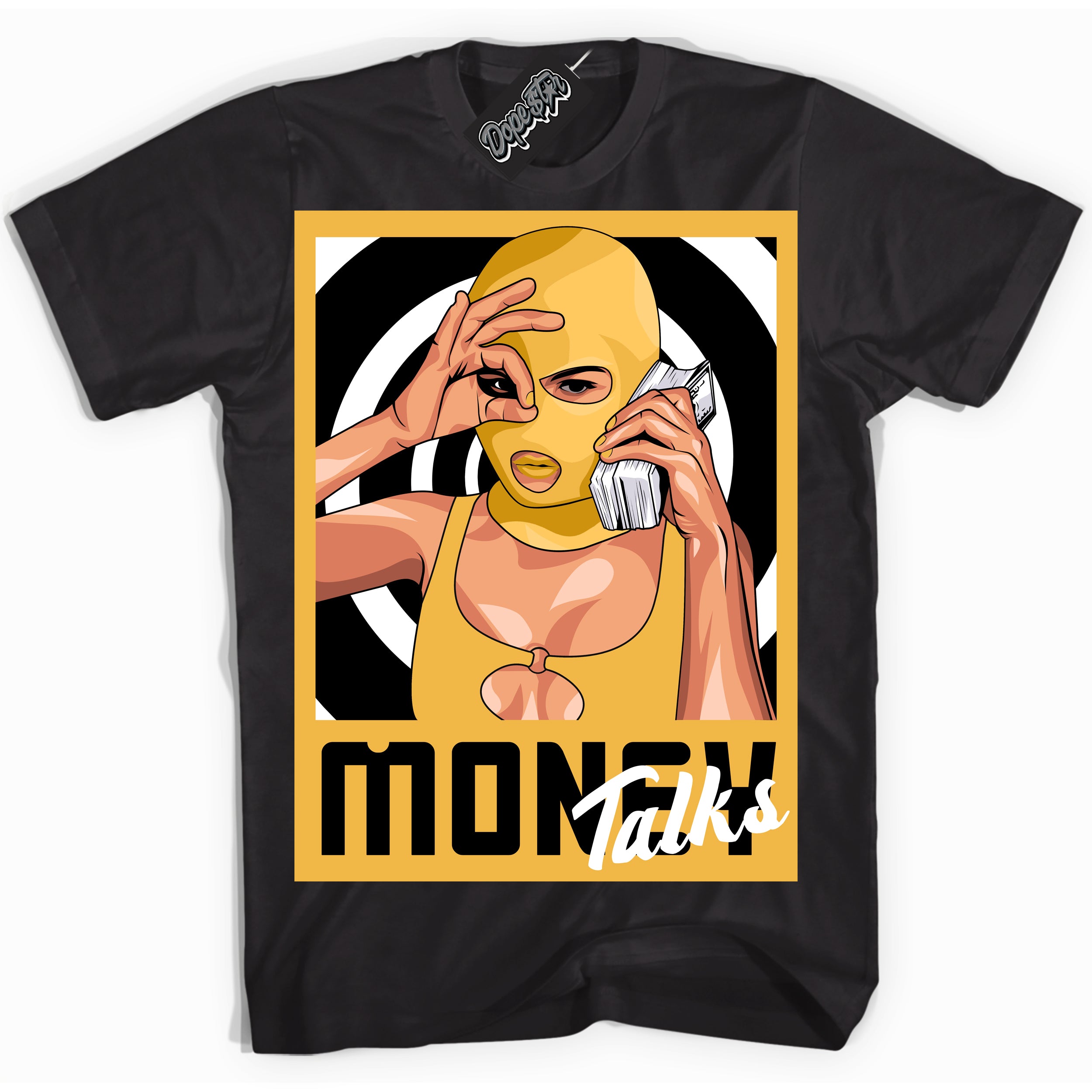 Nike Dunk High Wu-Tang 'Money Talks' Shirt - Black Streetwear Mockup | Sneakerhead T-Shirt Matching Nike Dunk High Wu-Tang | Limited Edition Urban Streetwear for Sneaker Matching OOTD | Outfits that pair perfectly with your ND High Wu-Tang | Sneakerhead Fashion Must-Have Apparel for Men and Women