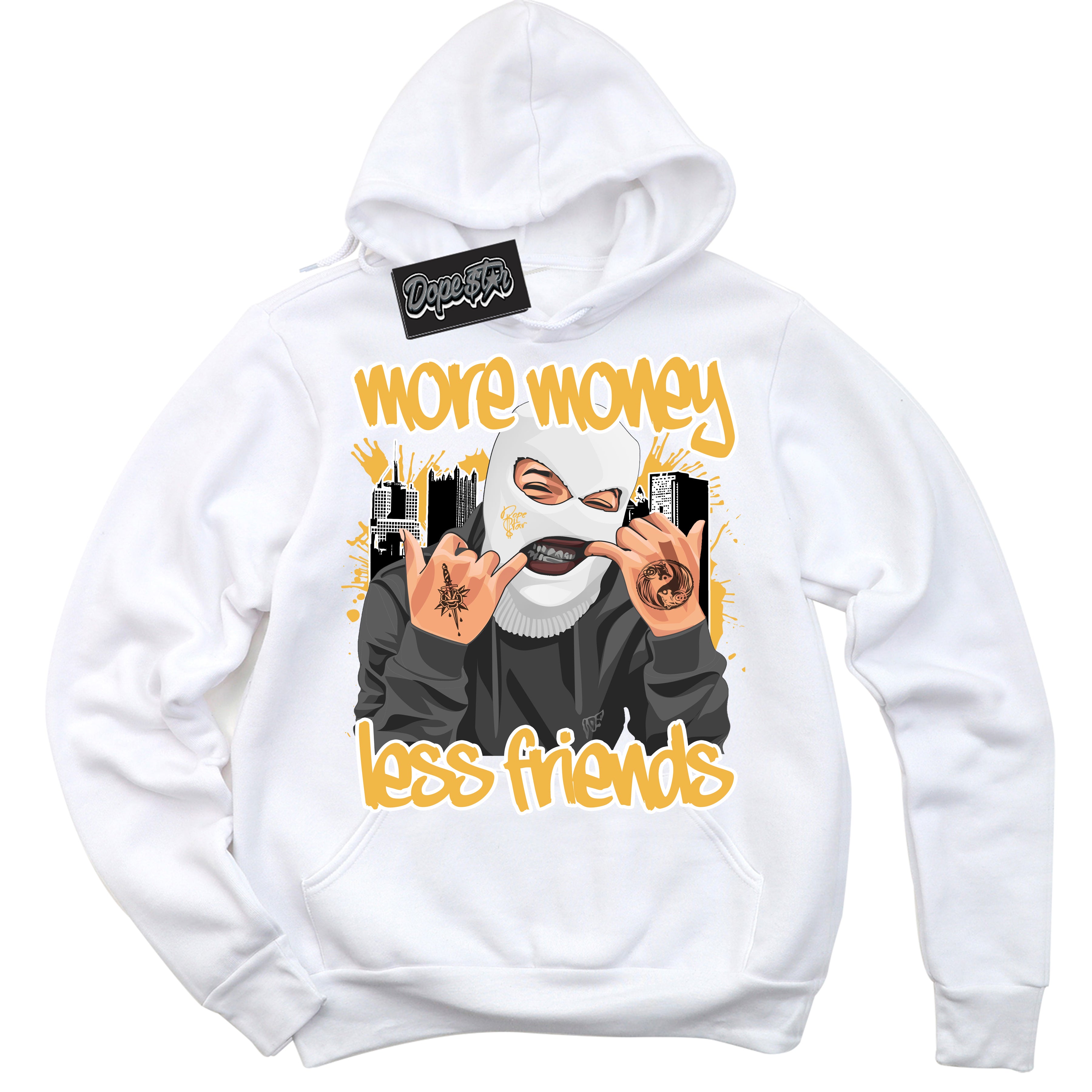 Dunk High Wu-Tang 'More Money Less Friends' Hoodie - White Streetwear Mockup | Sneakerhead Sweatshirt Matching Dunk High Wu-Tang | Limited Edition Urban Streetwear for Sneaker Matching OOTD | Outfits that pair perfectly with your ND High Wu-Tang | Sneakerhead Fashion Must-Have Apparel for Men and Women.