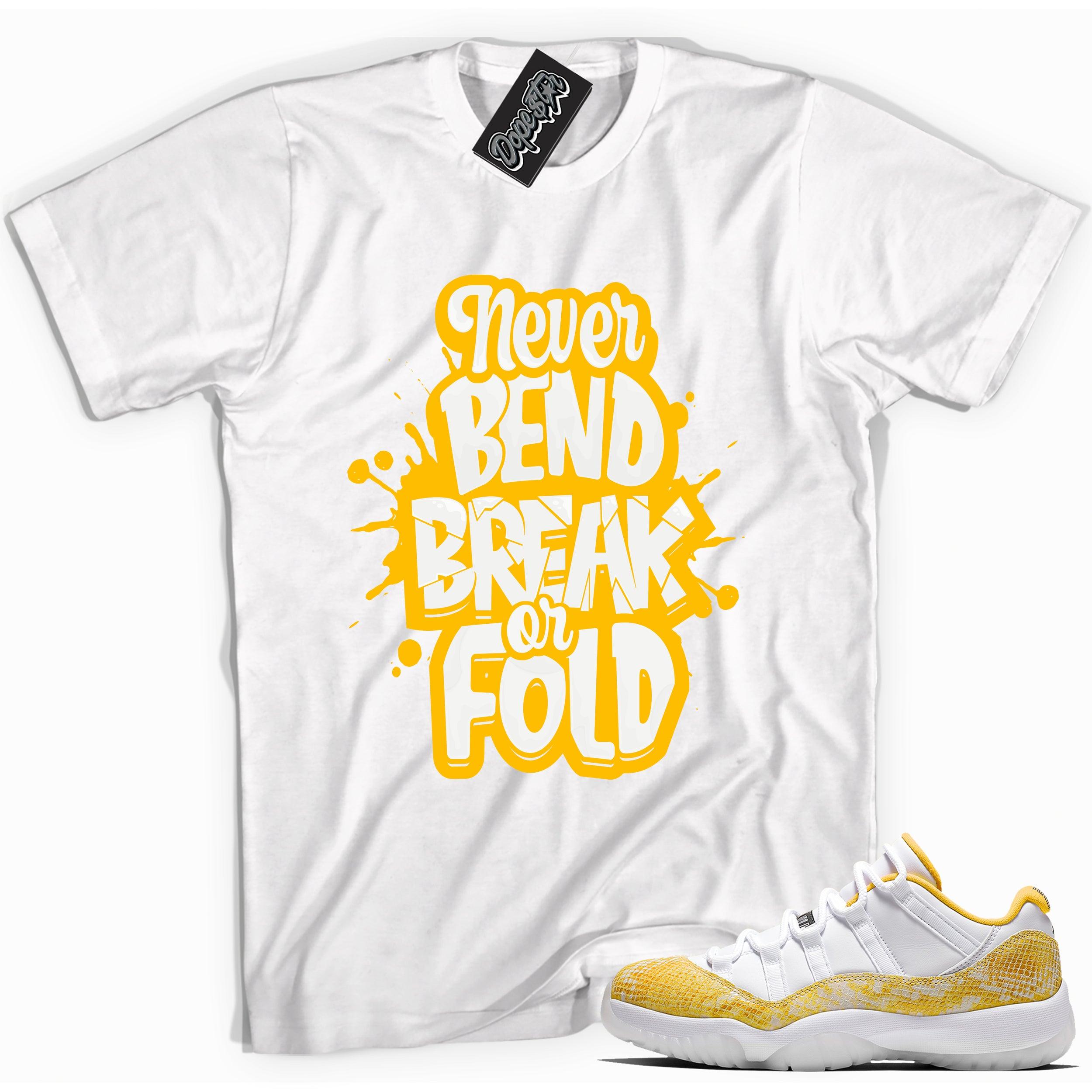 Cool white graphic tee with 'never bend break or fold' print, that perfectly matches Air Jordan 11 Low Yellow Snakeskin sneakers
