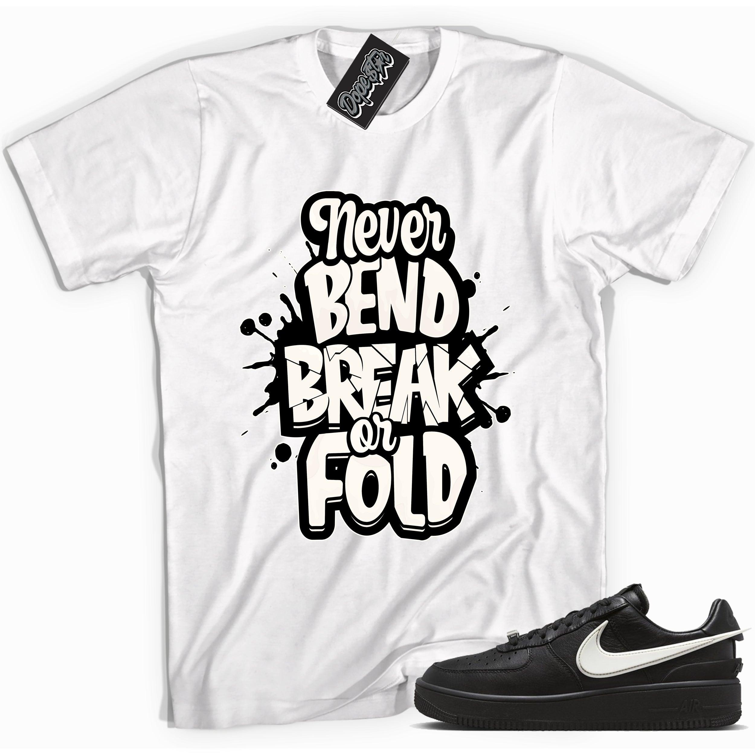 Cool white graphic tee with 'never bend break or fold' print, that perfectly matches Nike Air Force 1 Low SP Ambush Phantom sneakers.