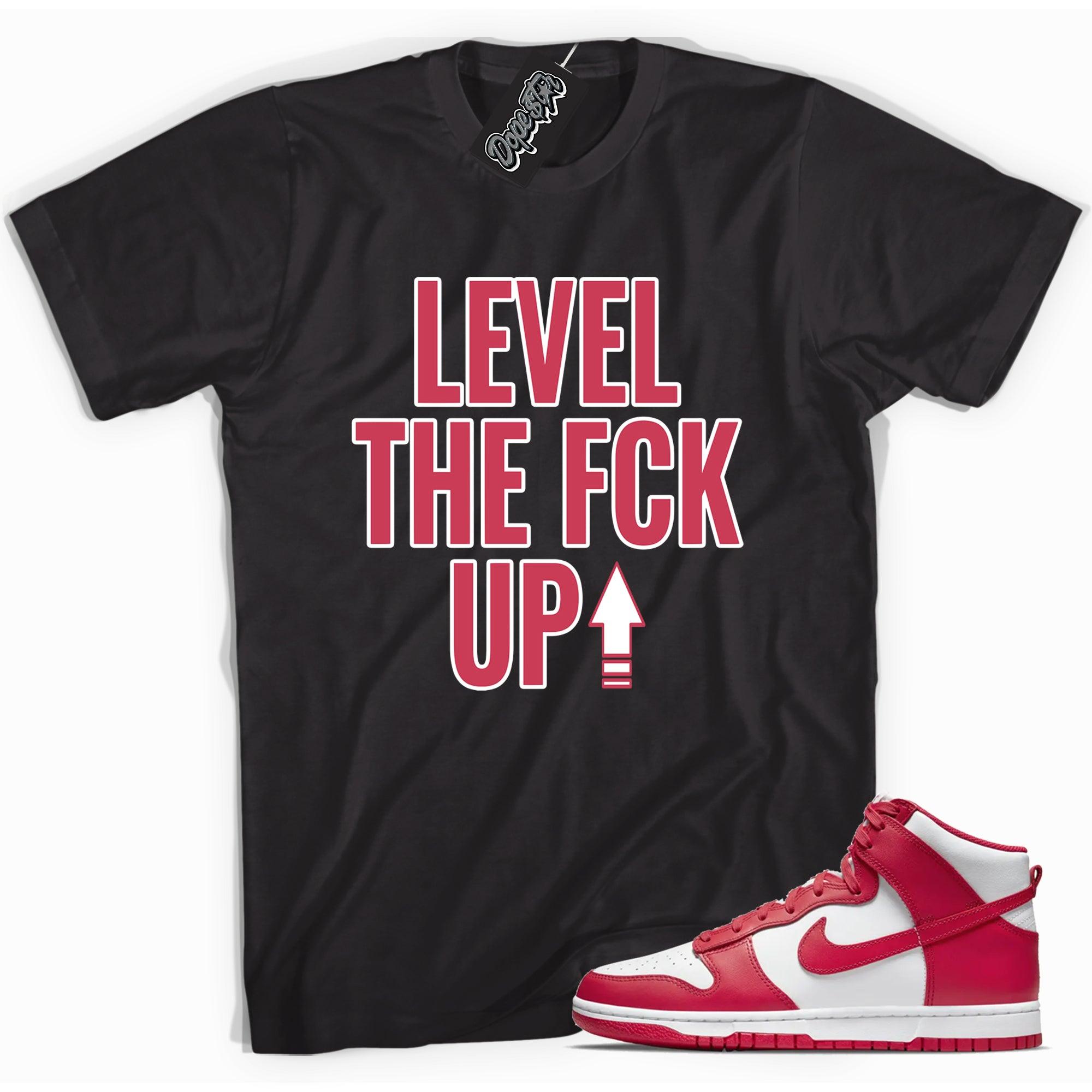 Cool black graphic tee with 'Level Up' print, that perfectly matches Nike Dunk High Championship White Red sneakers.