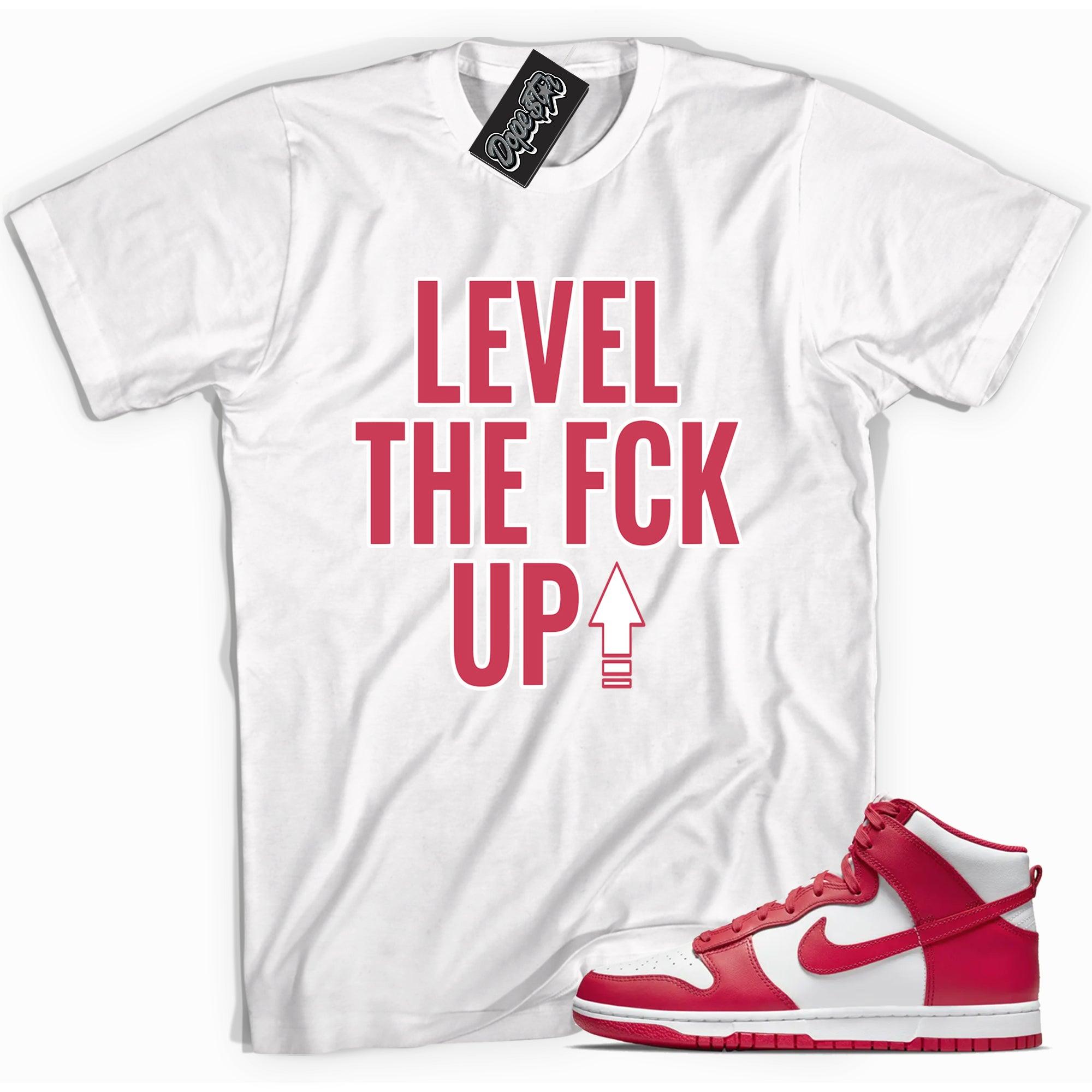 Cool white graphic tee with 'Level Up' print, that perfectly matches Nike Dunk High Championship White Red sneakers.
