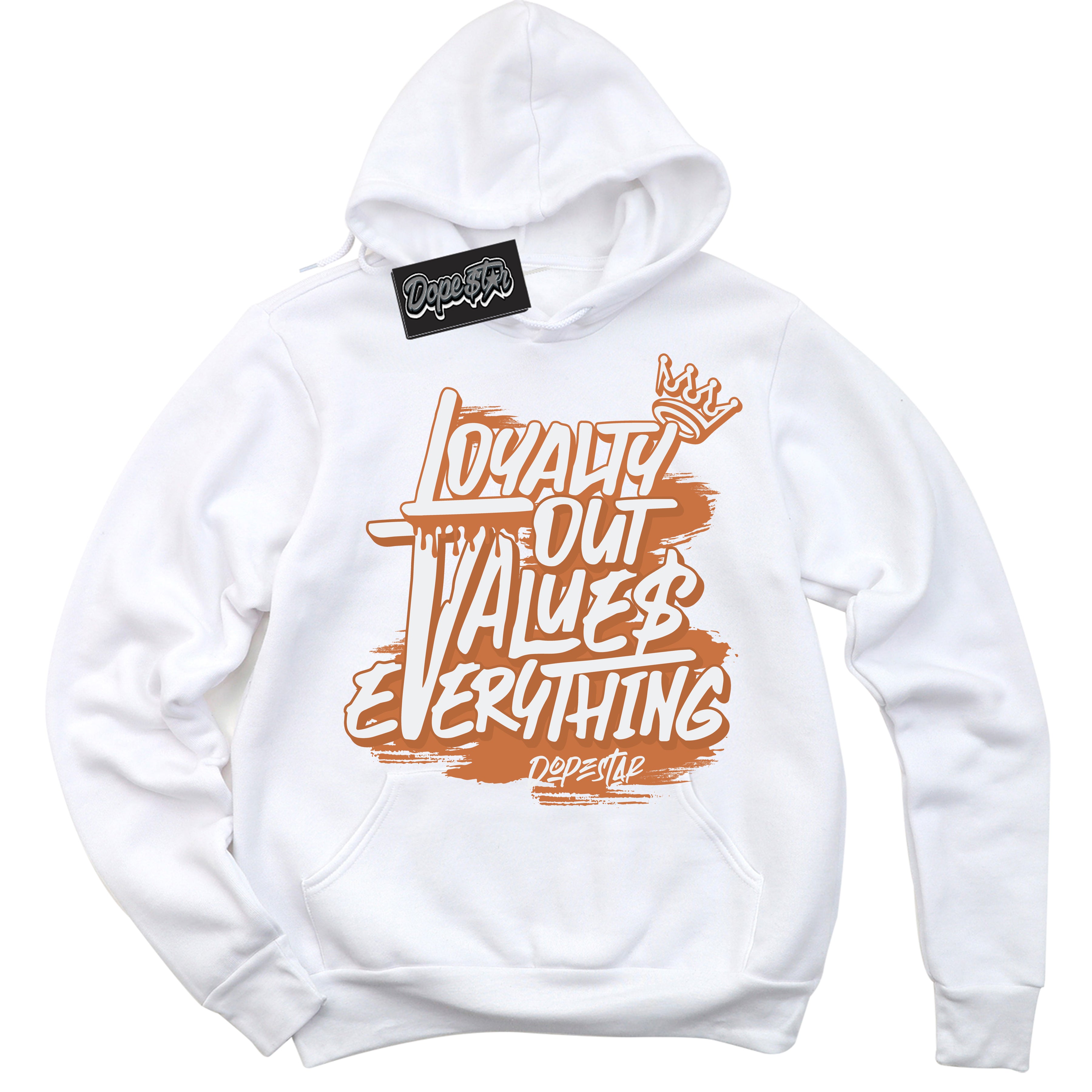 Cool White Hoodie with “ Loyalty Out Values Everything ”  design that Perfectly Matches Monarch Sneakers.