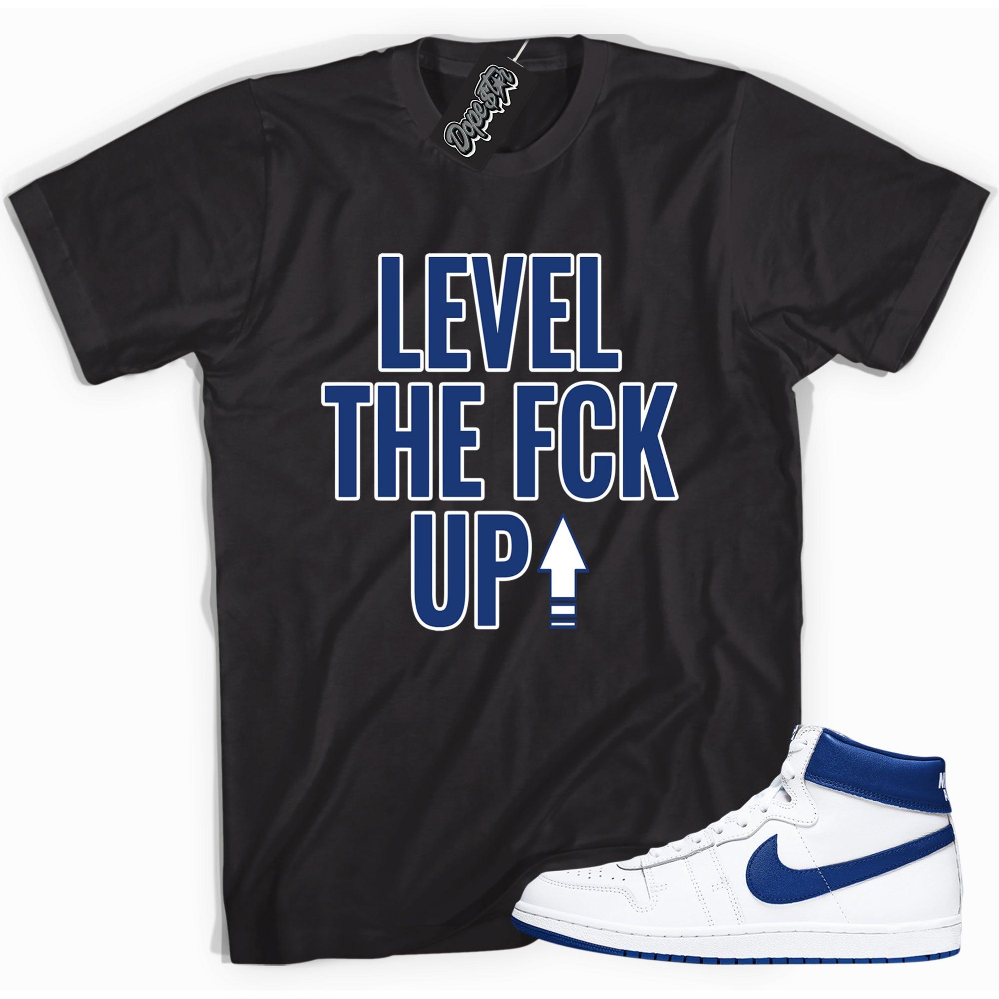 Cool black graphic tee with 'Level Up' print, that perfectly matches Nike Air Ship A Ma Maniére Game Royal sneakers.