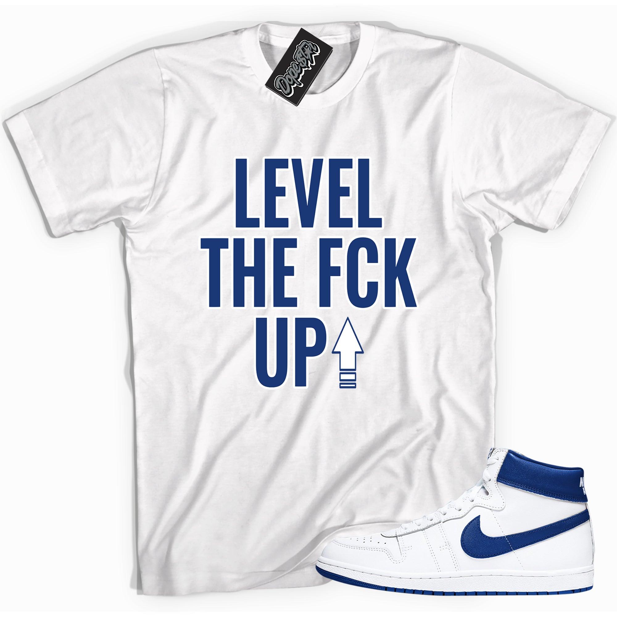 Cool white graphic tee with 'Level Up' print, that perfectly matches Nike Air Ship A Ma Maniére Game Royal sneakers.