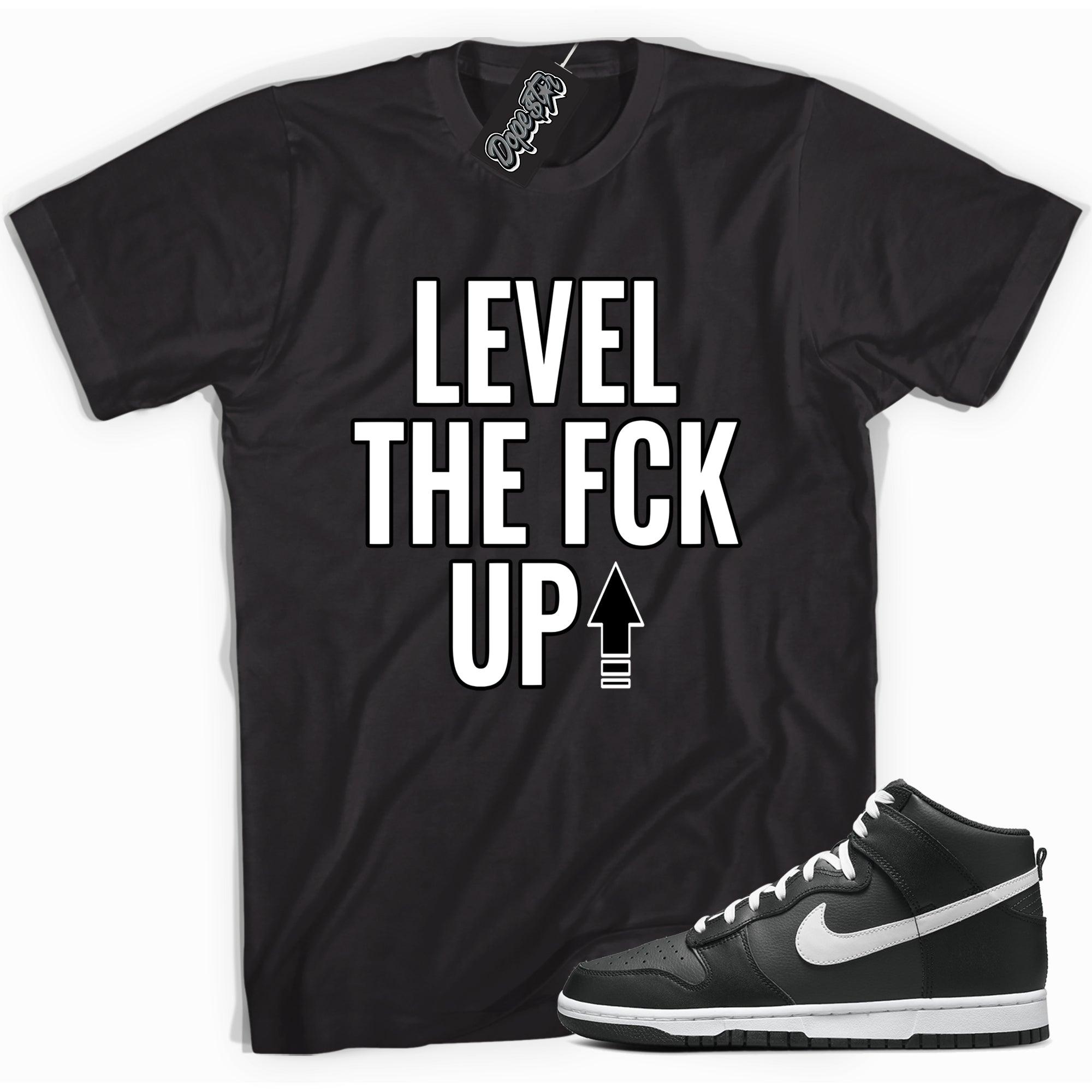 Cool black graphic tee with 'level up' print, that perfectly matches Nike Dunk High Anthracite White sneakers.