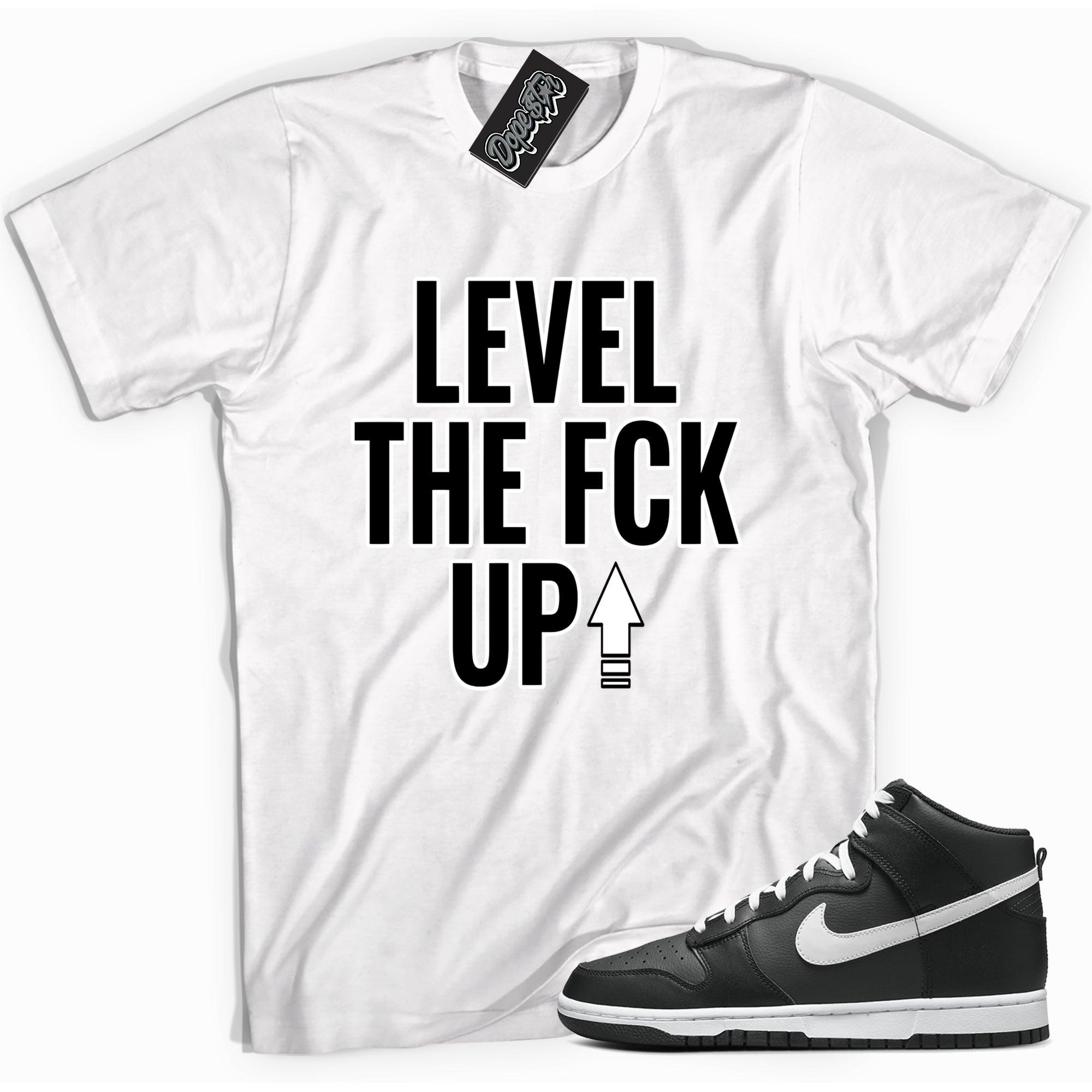 Cool white graphic tee with 'level up' print, that perfectly matches Nike Dunk High Anthracite White sneakers.