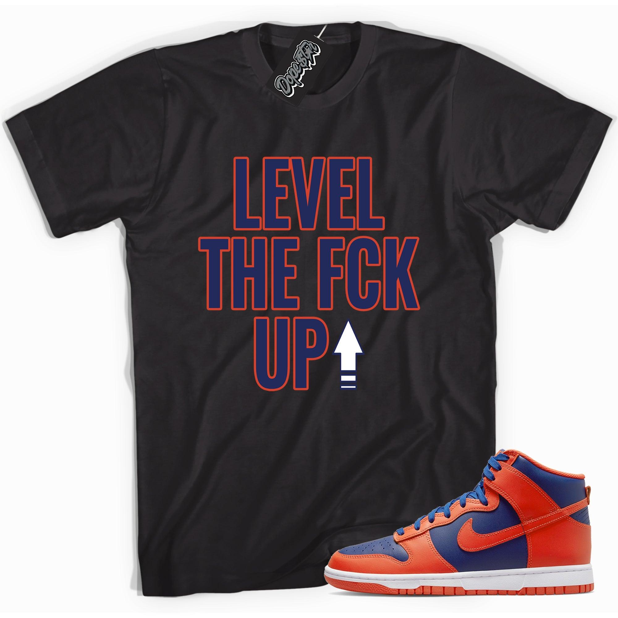 Cool black graphic tee with 'Level Up' print, that perfectly matches Nike Dunk High Knicks sneakers.