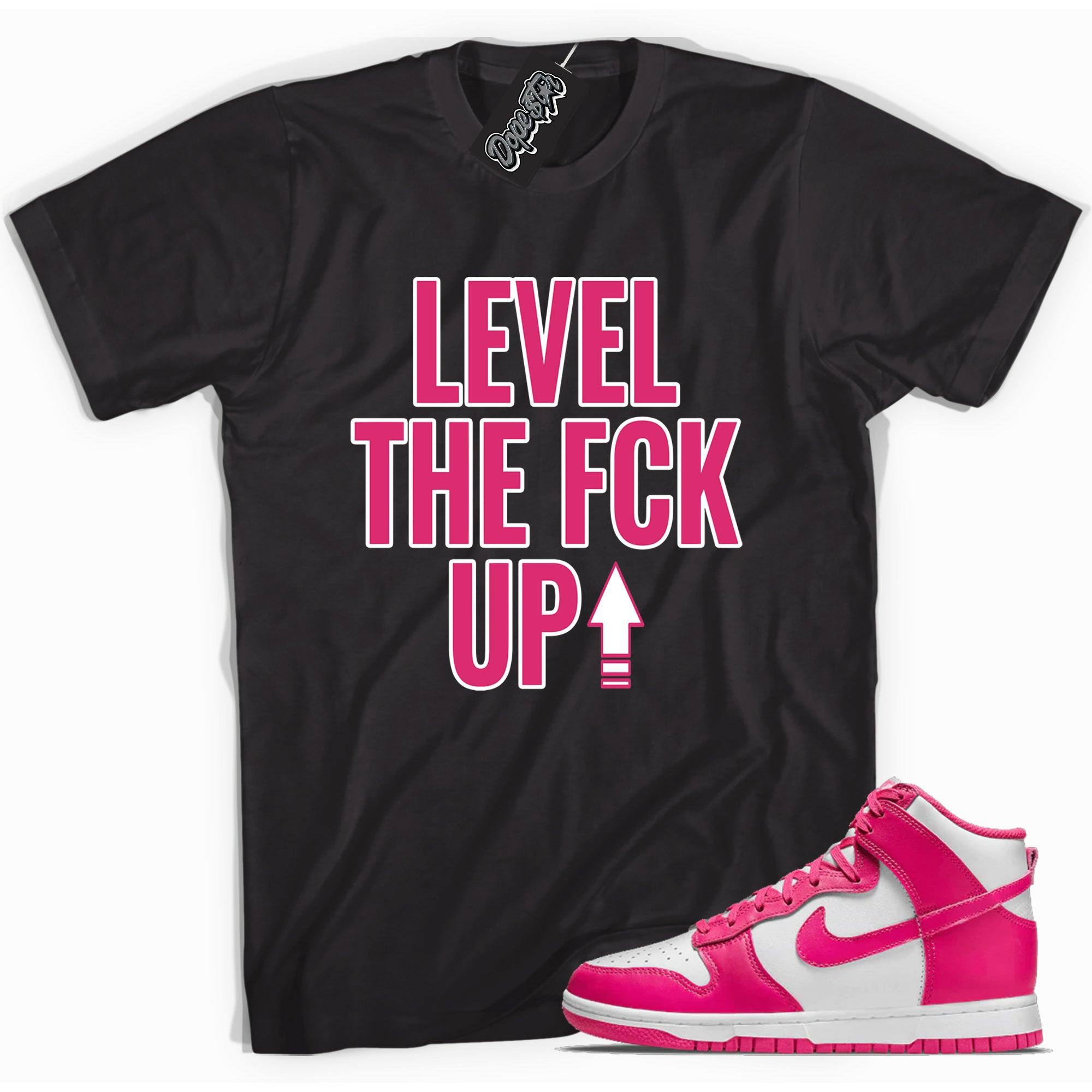 Cool black graphic tee with 'Level Up' print, that perfectly matches Nike Dunk High Pink Prime sneakers.