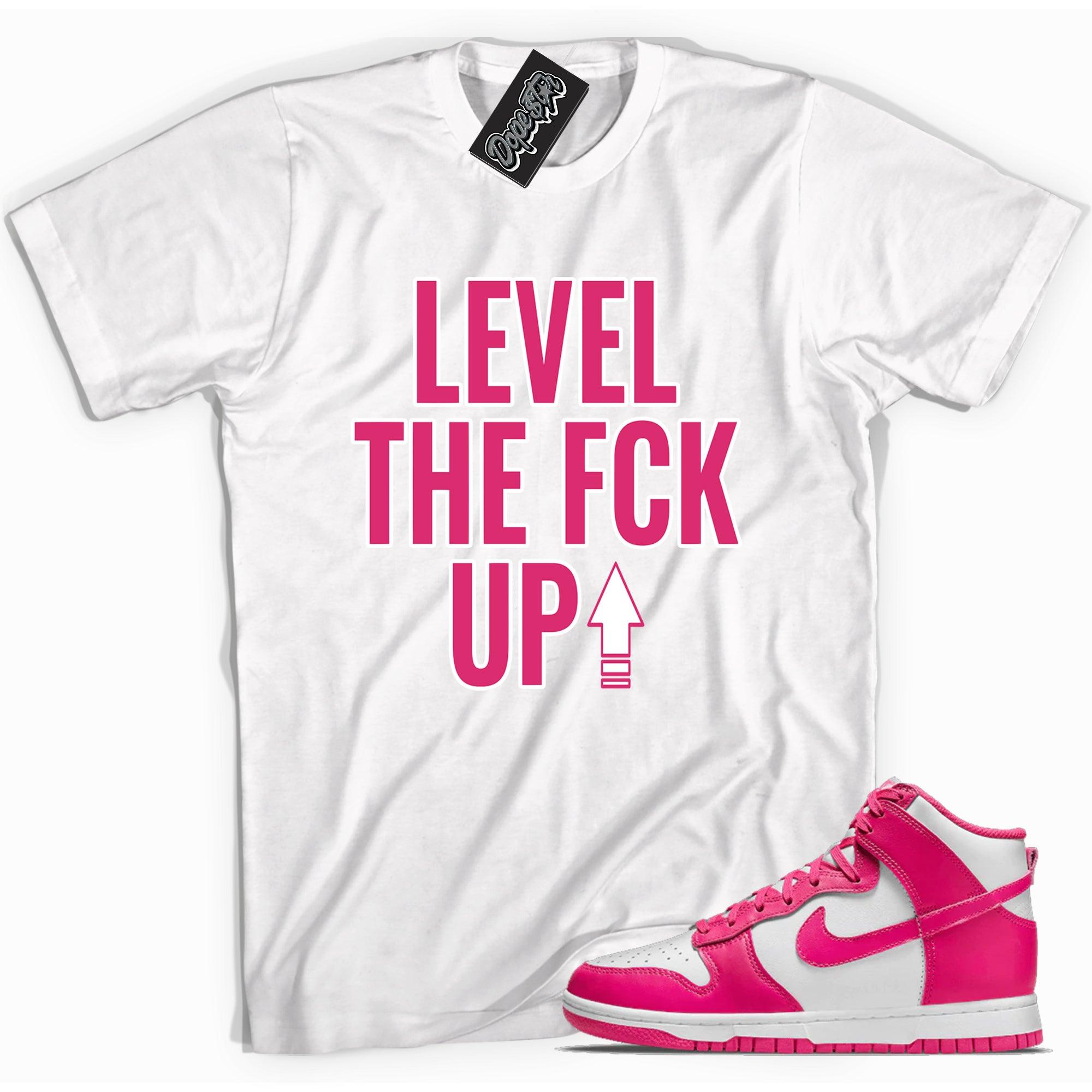 Cool white graphic tee with 'Level Up' print, that perfectly matches Nike Dunk High Pink Prime sneakers.