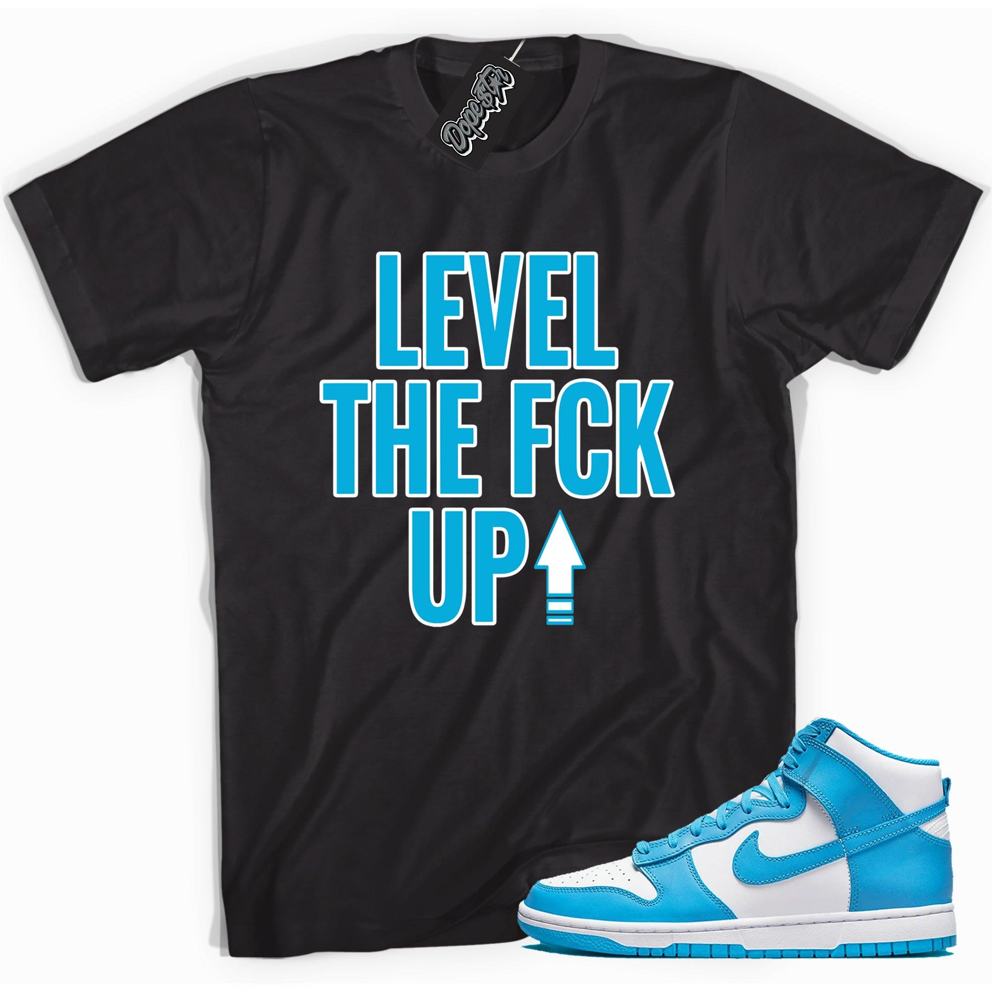 Cool black graphic tee with 'Level Up' print, that perfectly matches Nike Dunk High Retro Laser Blue sneakers.