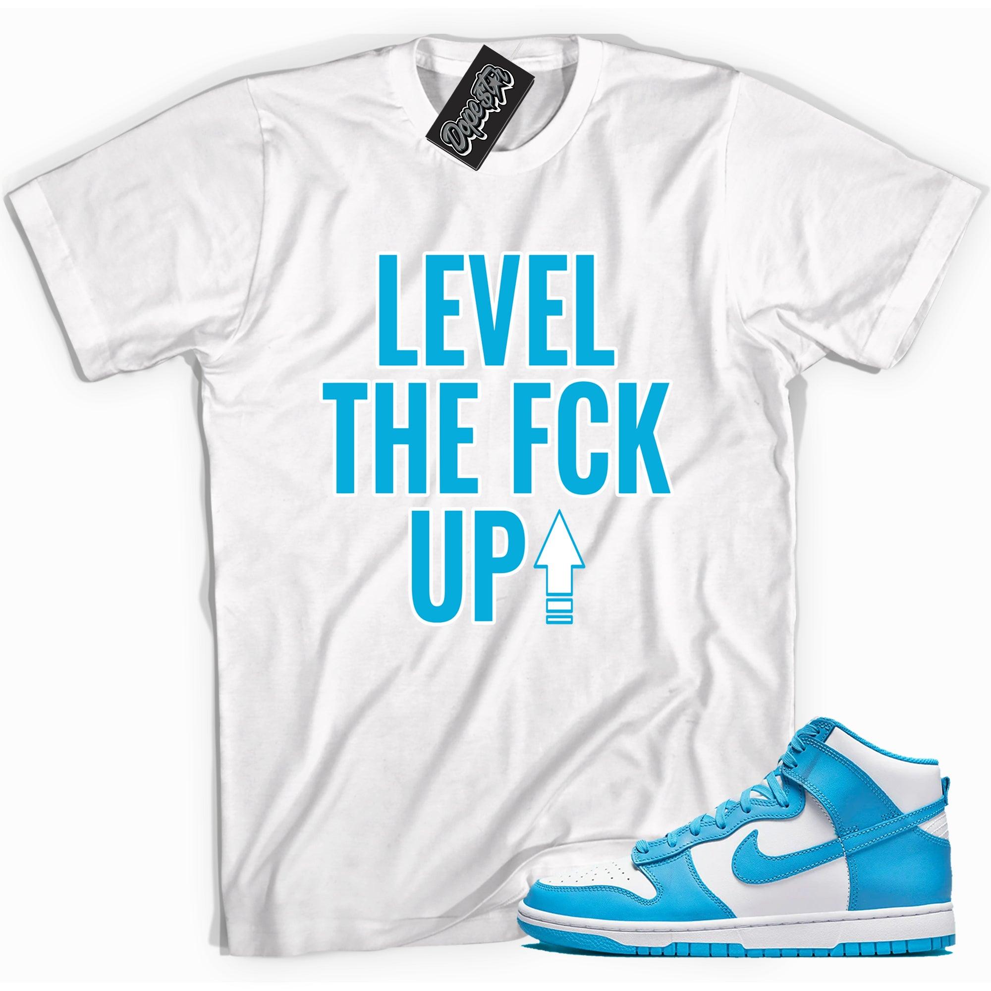 Cool white graphic tee with 'Level Up' print, that perfectly matches Nike Dunk High Retro Laser Blue sneakers.