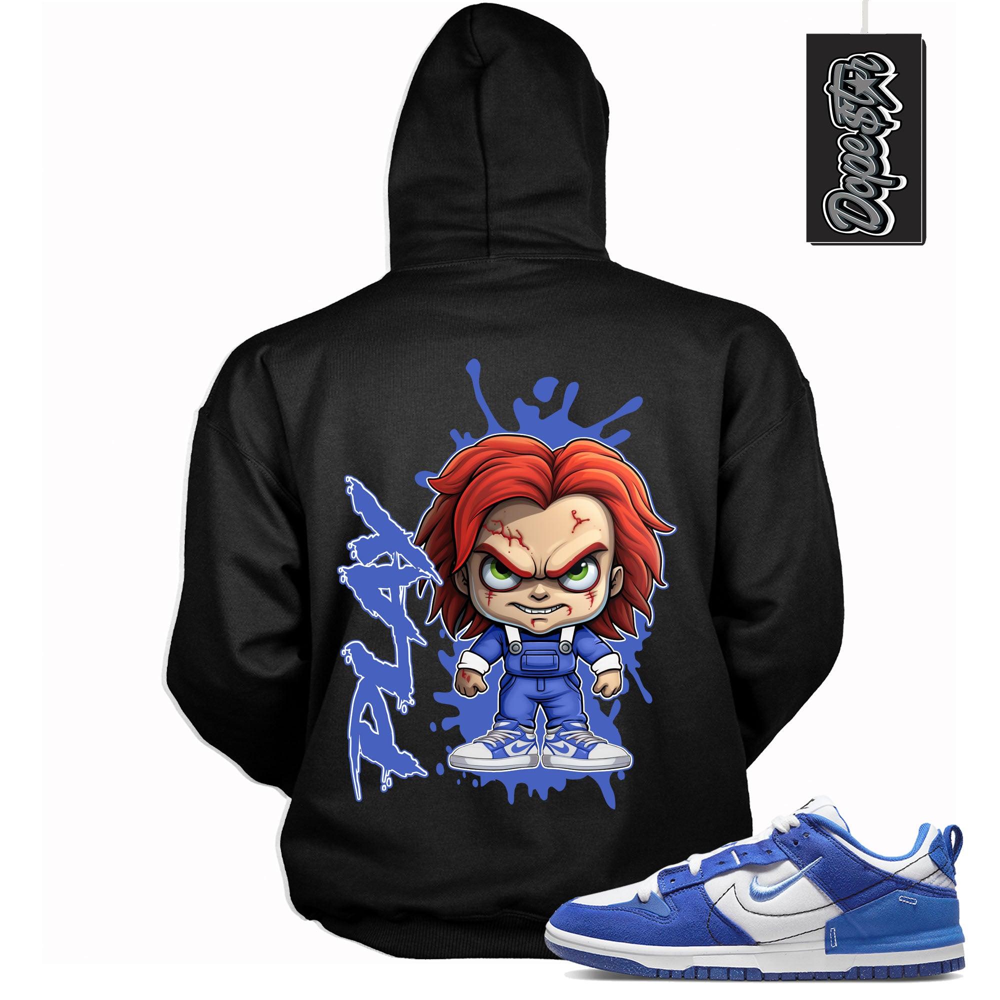Cool Black Graphic Hoodie with “ CHUCKY PLAY “ print, that perfectly matches Nike Dunk Disrupt 2 Hyper Royal sneakers