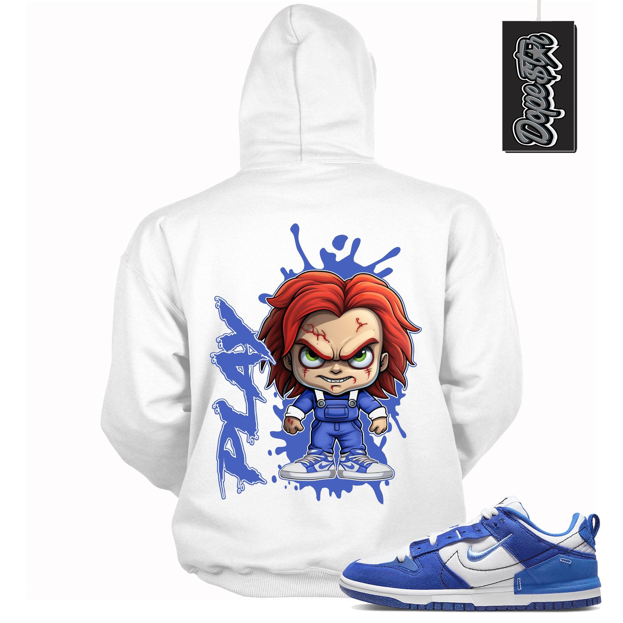 Cool White Graphic Hoodie with “ CHUCKY PLAY “ print, that perfectly matches Nike Dunk Disrupt 2 Hyper Royal sneakers