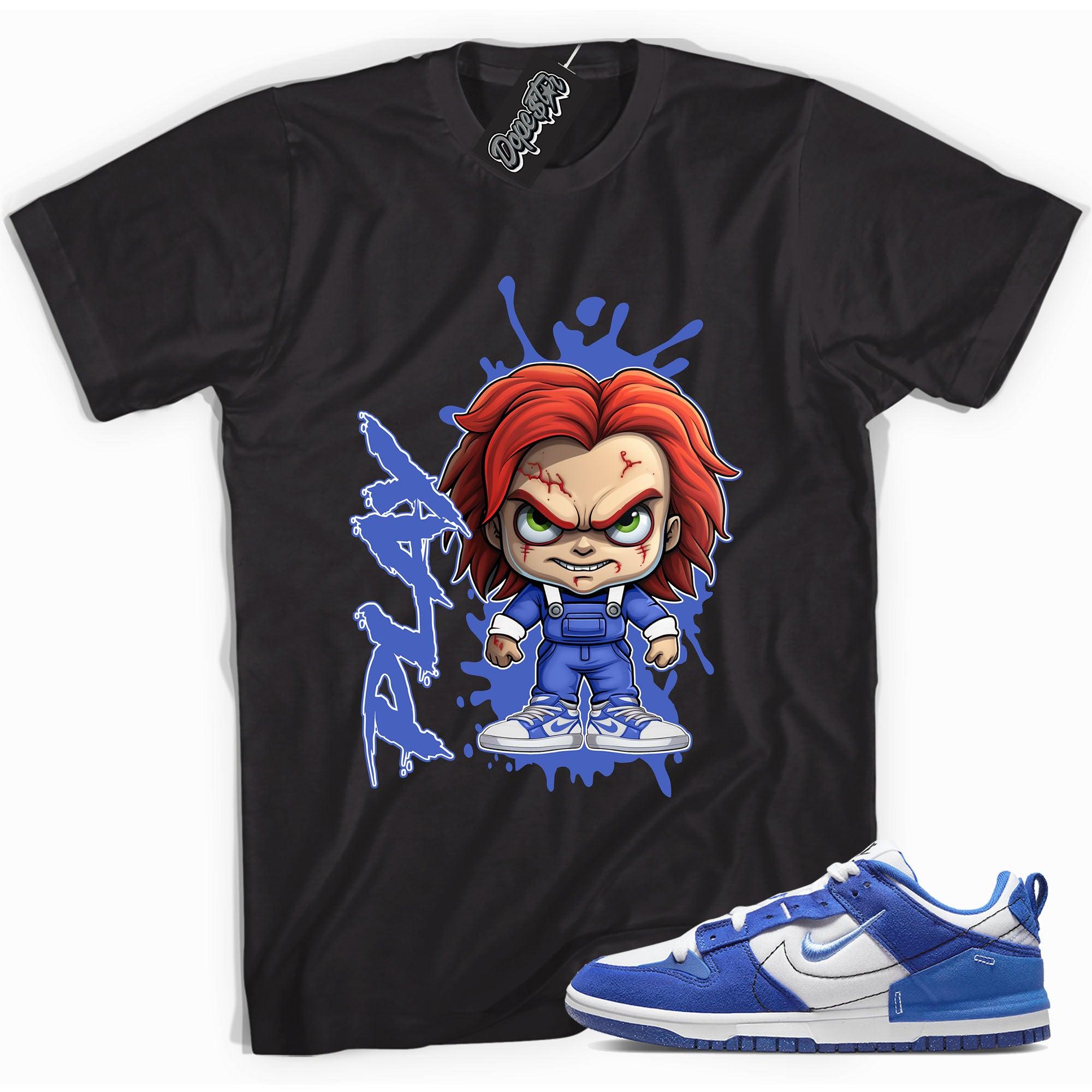 Cool Black graphic tee with “ CHUCKY PLAY ” print, that perfectly matches Nike Dunk Disrupt 2 Hyper Royal sneakers 