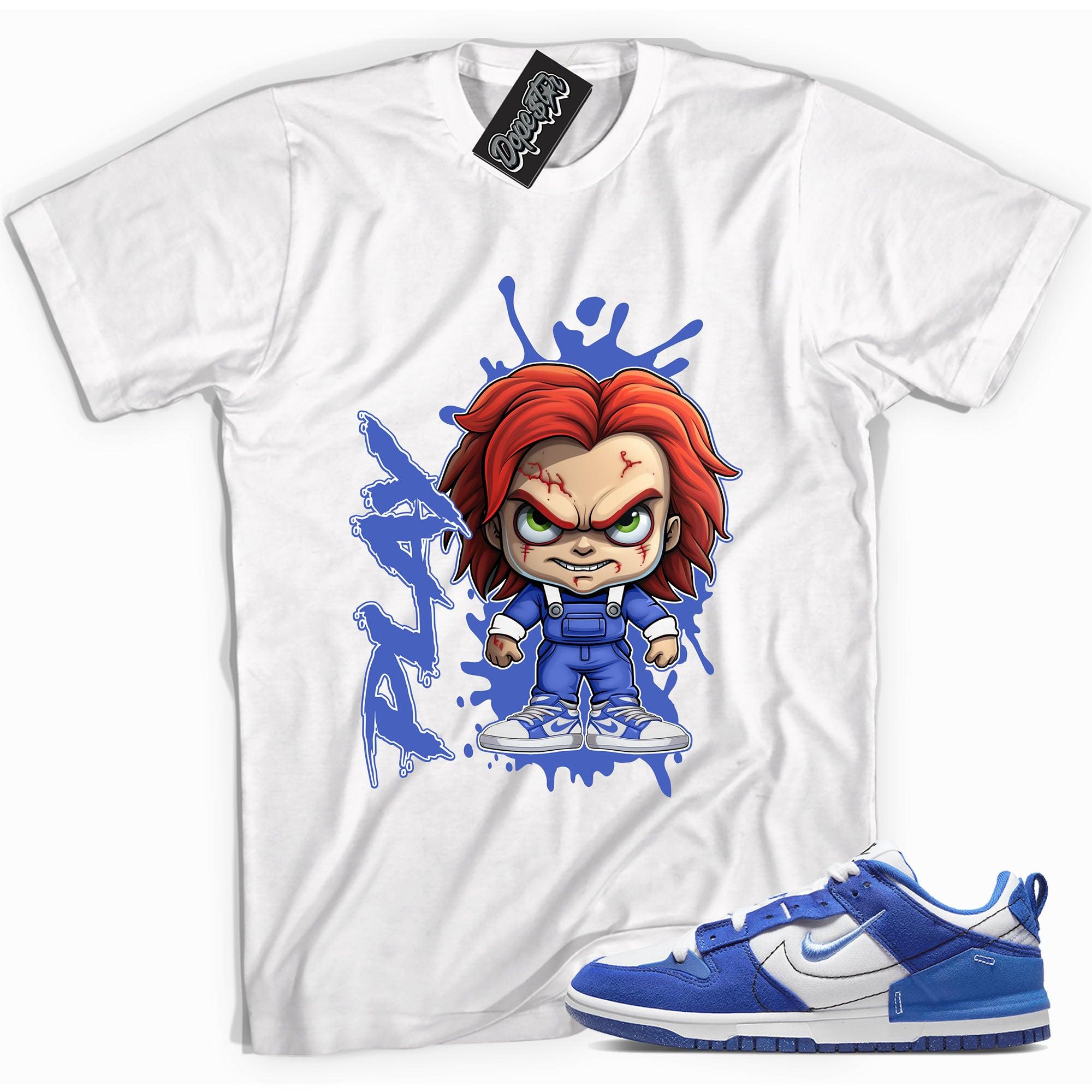 Cool White graphic tee with “ CHUCKY PLAY ” print, that perfectly matches Nike Dunk Disrupt 2 Hyper Royal sneakers 