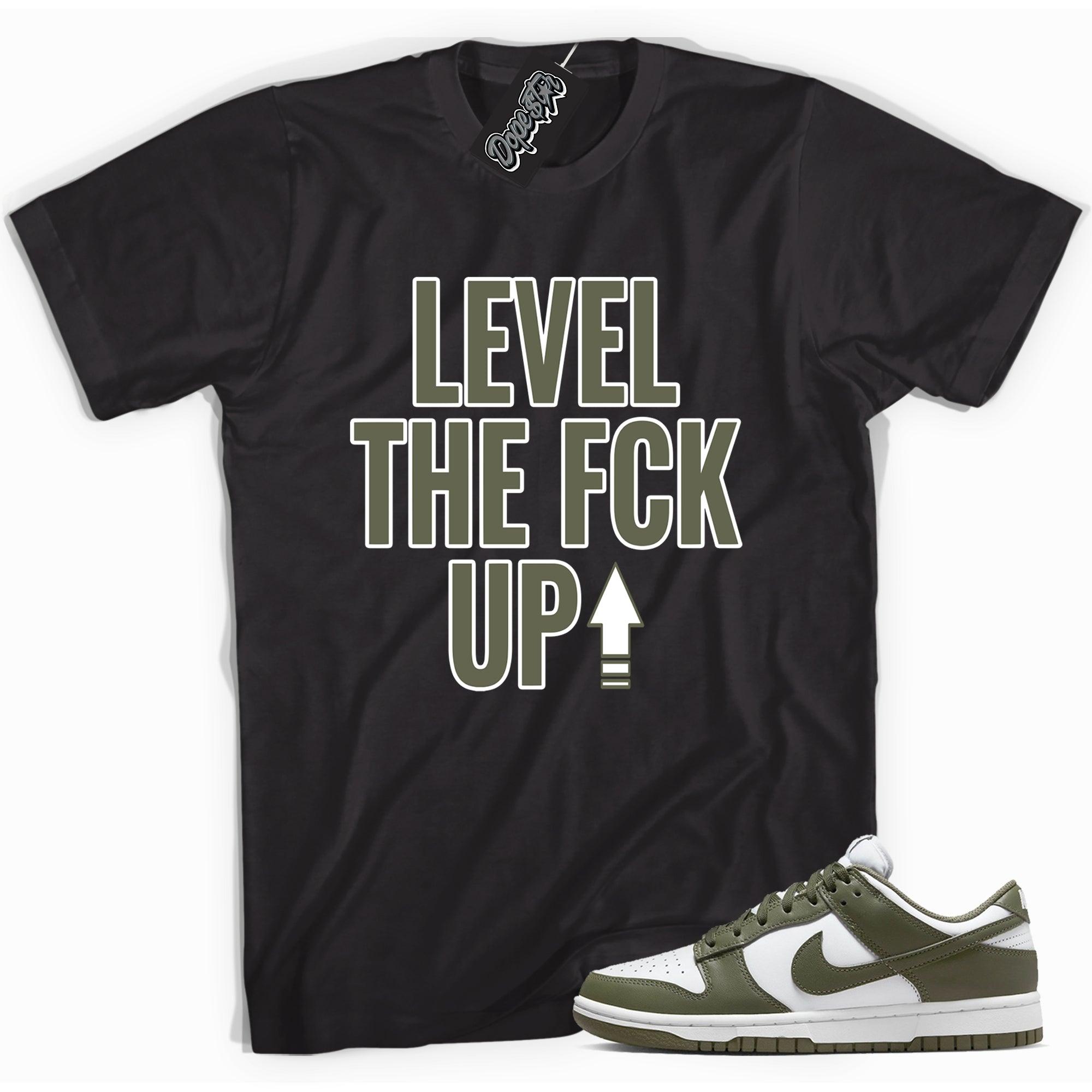 Cool black graphic tee with 'Level Up' print, that perfectly matches Nike Dunk Low Medium Olive sneakers.