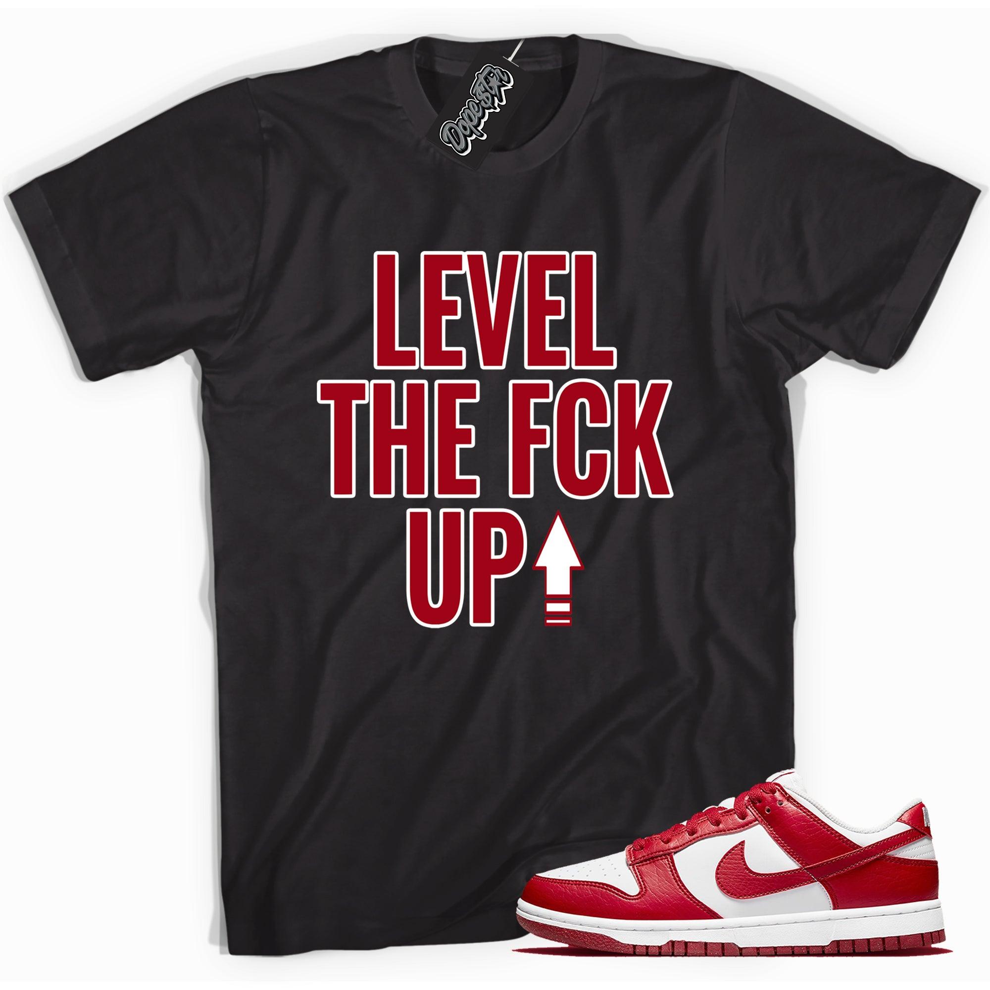 Cool black graphic tee with 'Level Up' print, that perfectly matches Nike Dunk Low Next Nature White Gym Red sneakers.