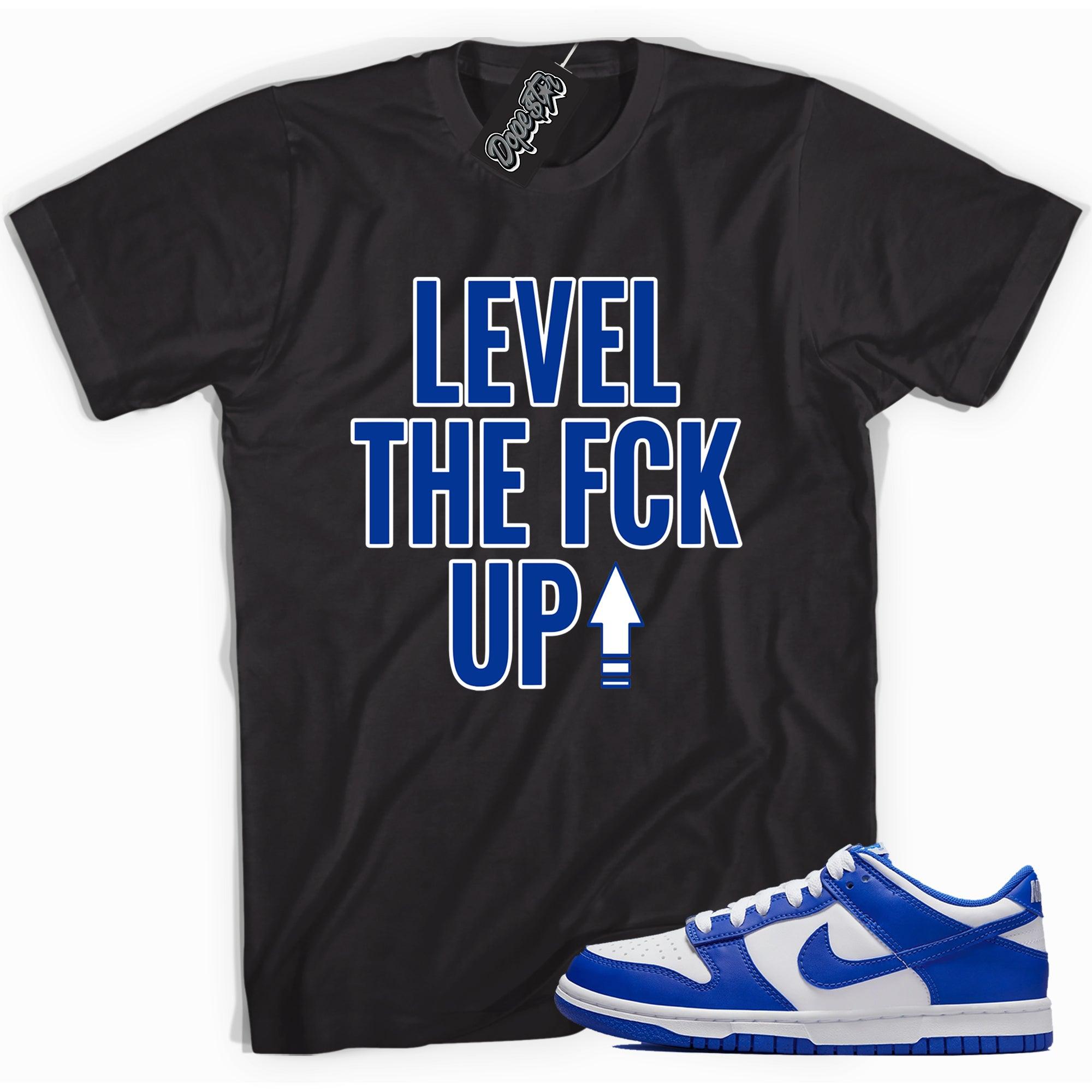 Cool black graphic tee with 'Level Up' print, that perfectly matches Nike Dunk Low Racer Blue sneakers.
