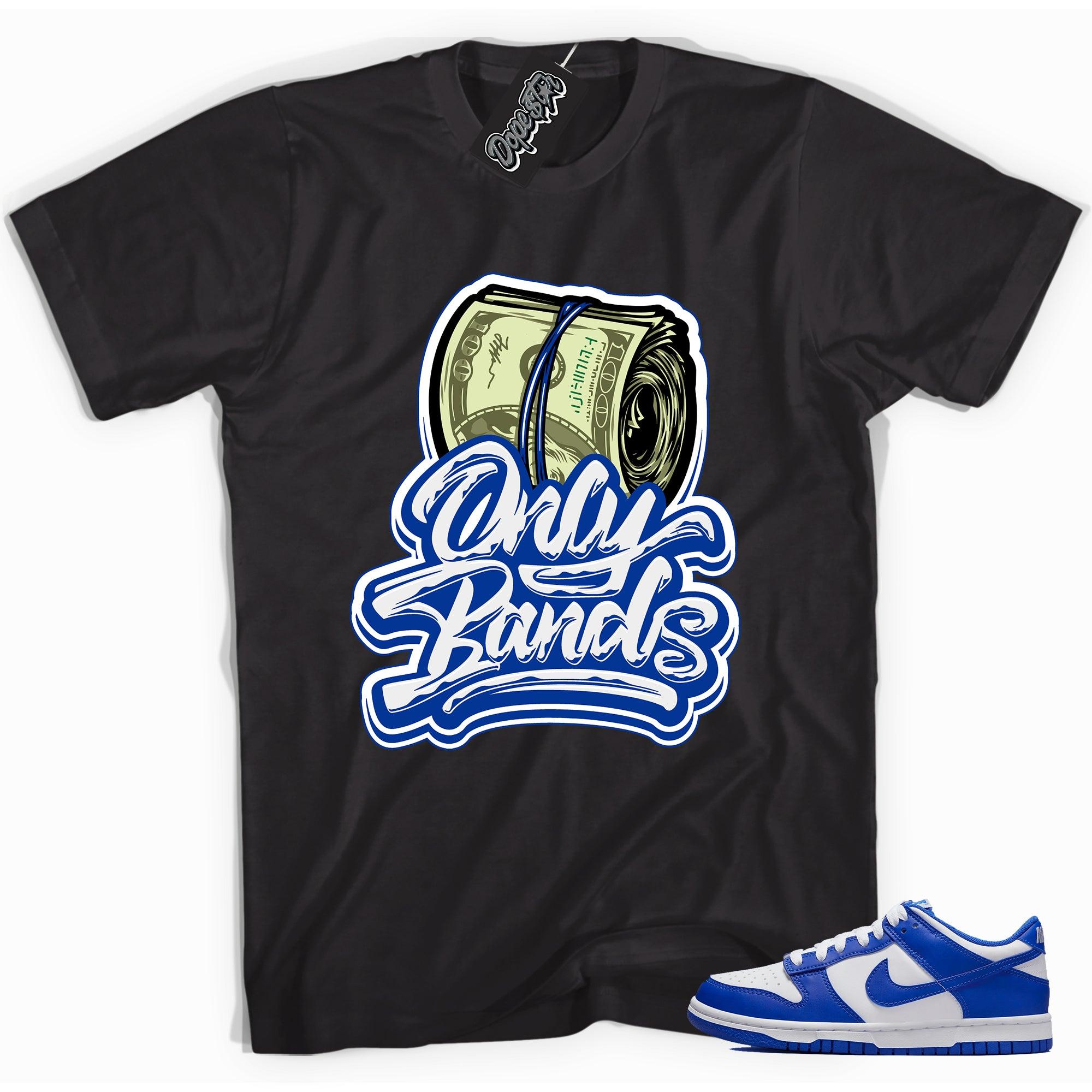 Cool black graphic tee with 'Only Bands' print, that perfectly matches Nike Dunk Low Racer Blue sneakers