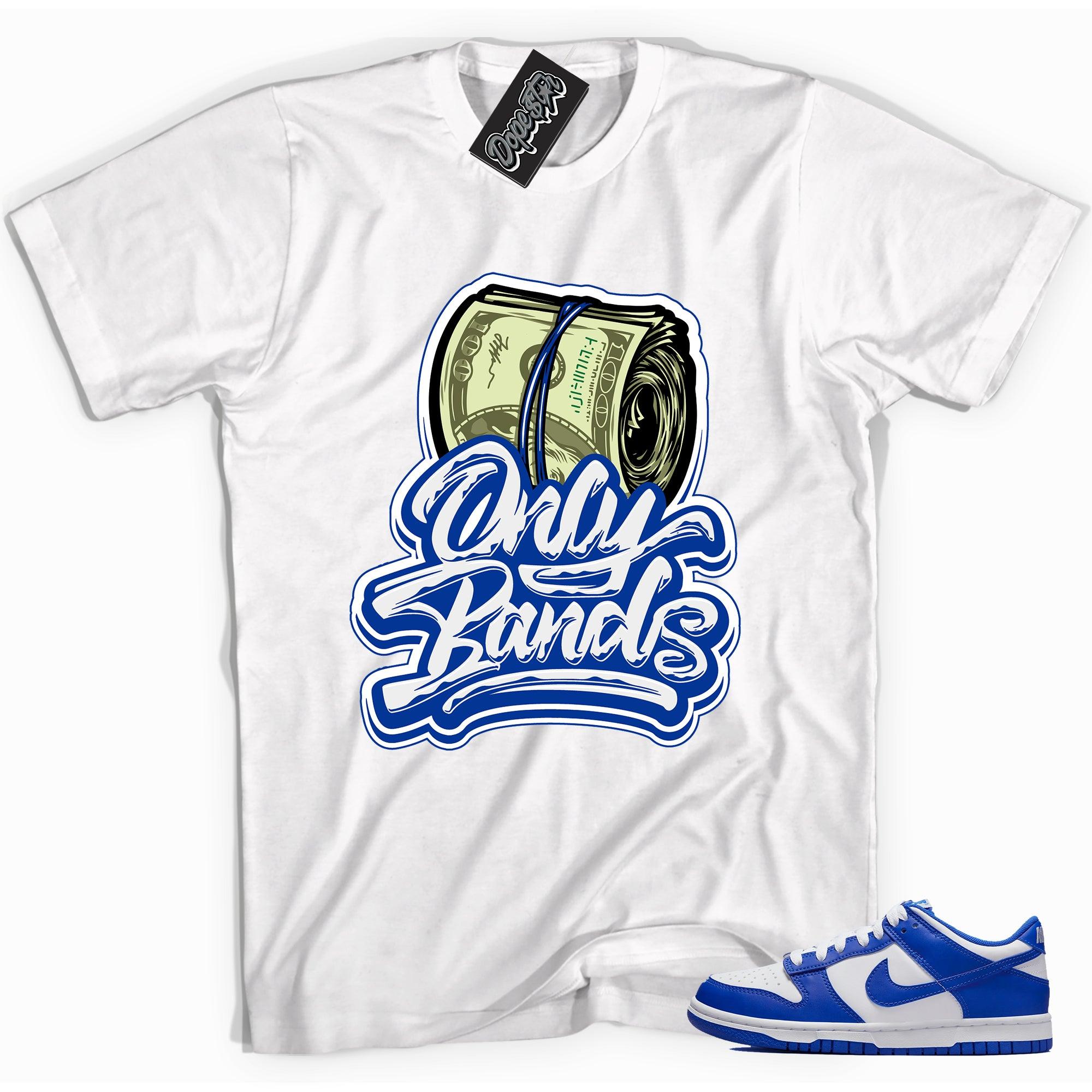 Cool white graphic tee with 'Only Bands' print, that perfectly matches Nike Dunk Low Racer Blue sneakers