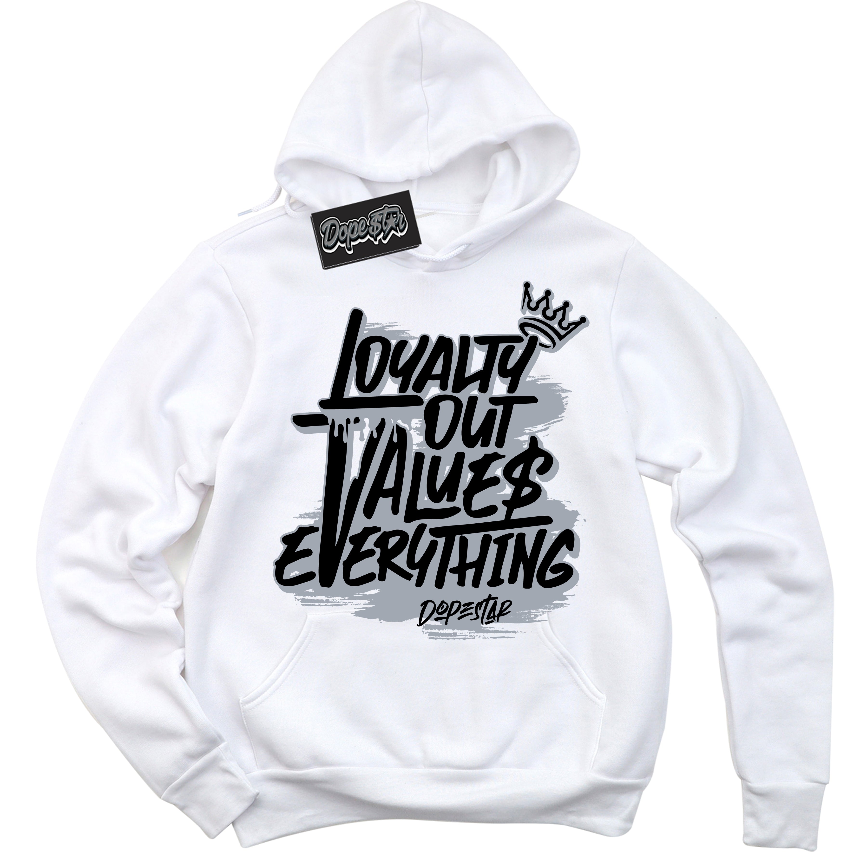 Cool White Hoodie with “ Loyalty Out Values Everything ”  design that Perfectly Matches The Kaws x Sky High Farm 1s Sneakers.