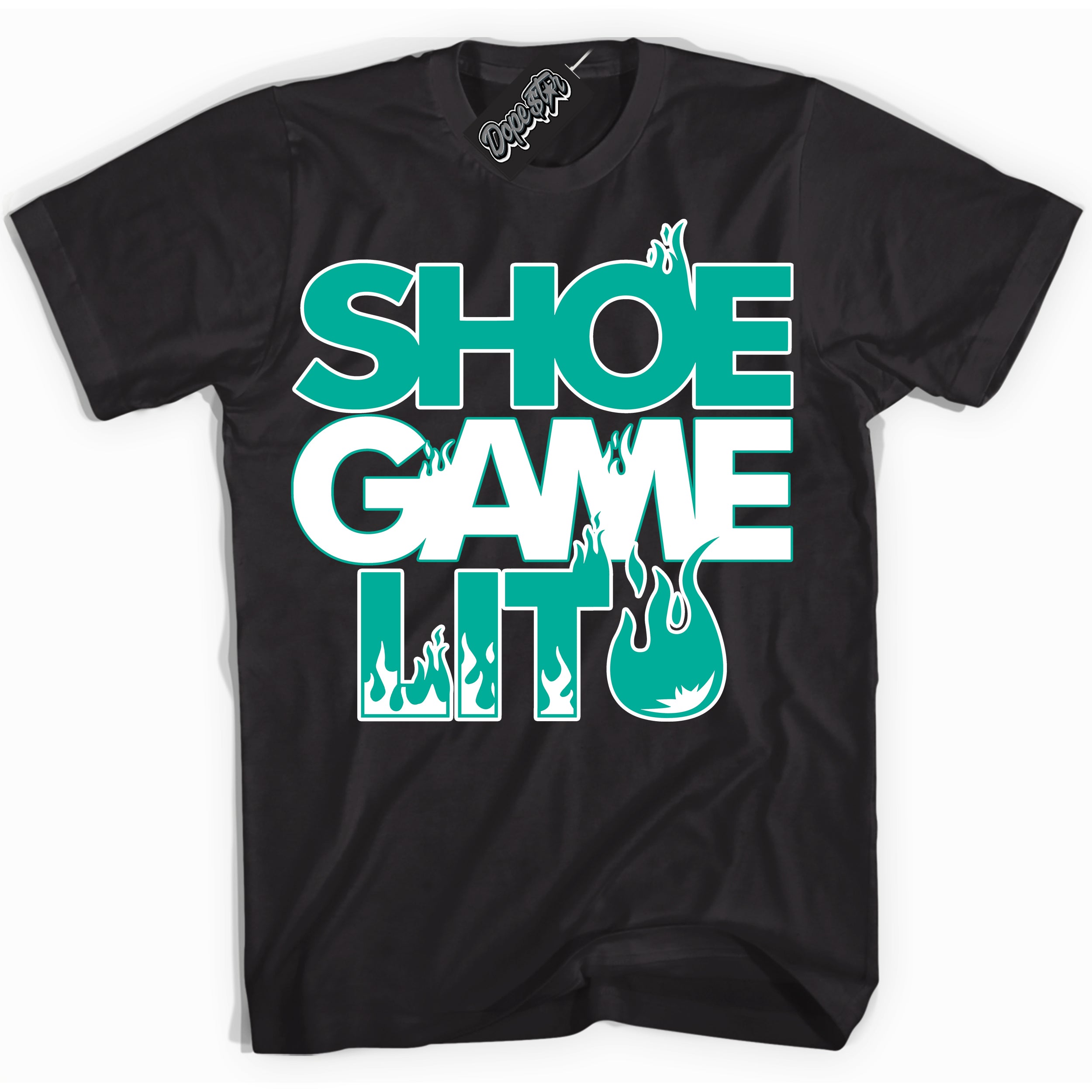 Cool Black Shirt with “ Shoe Game Lit ” design that perfectly matches Clear Jade 1s Sneakers.