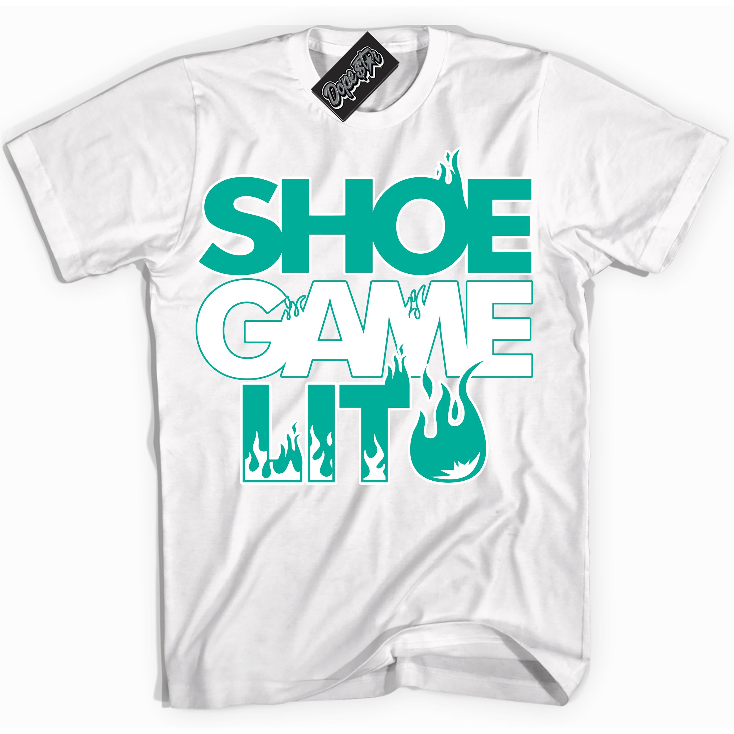 Cool White Shirt with “ Shoe Game Lit ” design that perfectly matches Clear Jade 1s Sneakers.