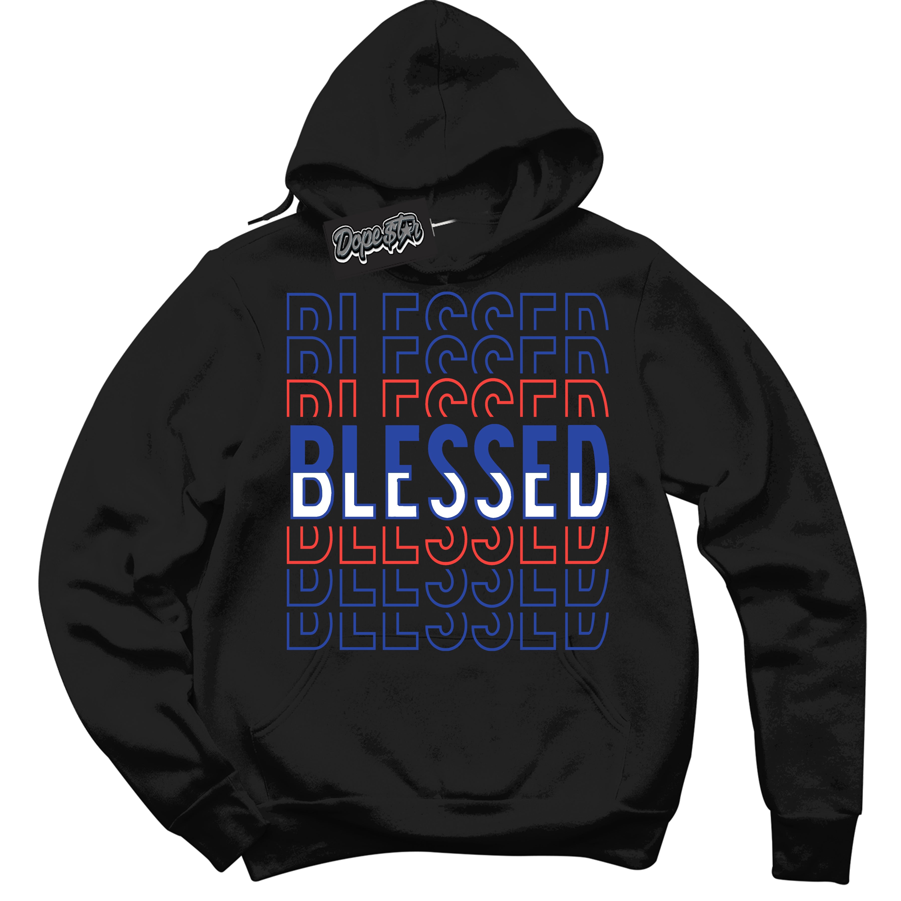 Cool Black Hoodie with “ Blessed Stacked '' design that Perfectly Matches  Ultramarine 180s Sneakers.