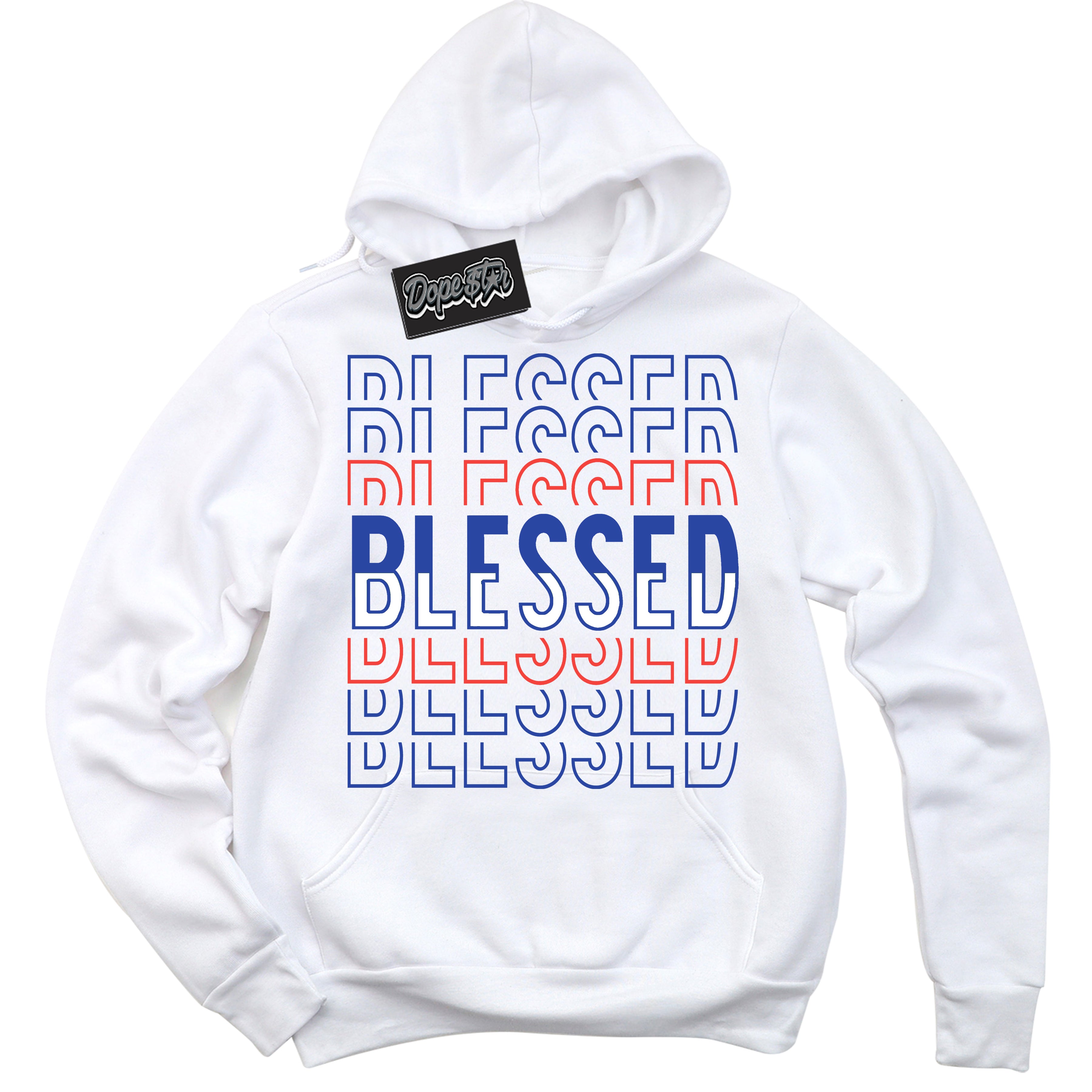 Cool White Hoodie with “ Blessed Stacked '' design that Perfectly Matches  Ultramarine 180s Sneakers.