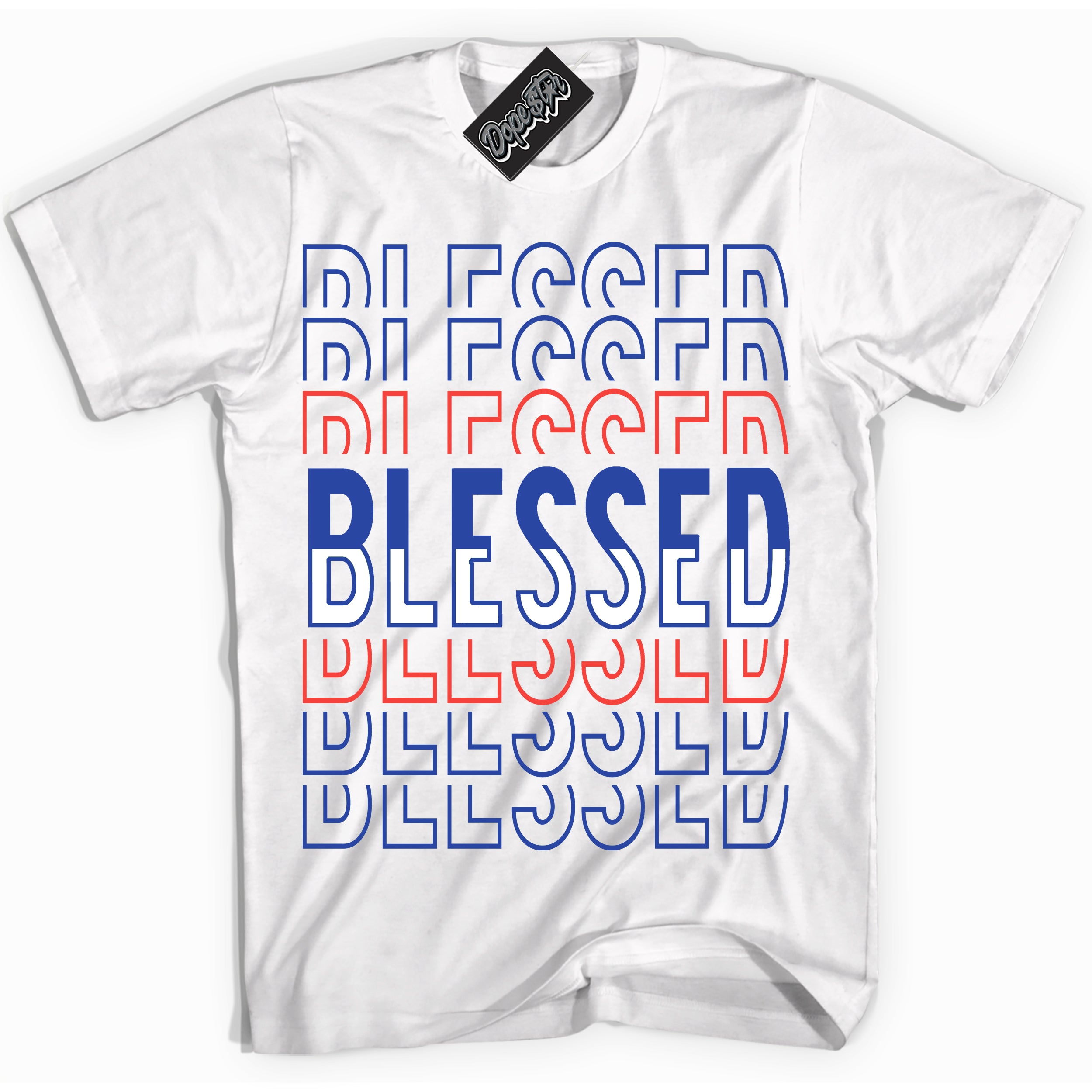 Cool White Shirt with “ Blessed Stacked ” design that perfectly matches Ultramarine 180s Sneakers.