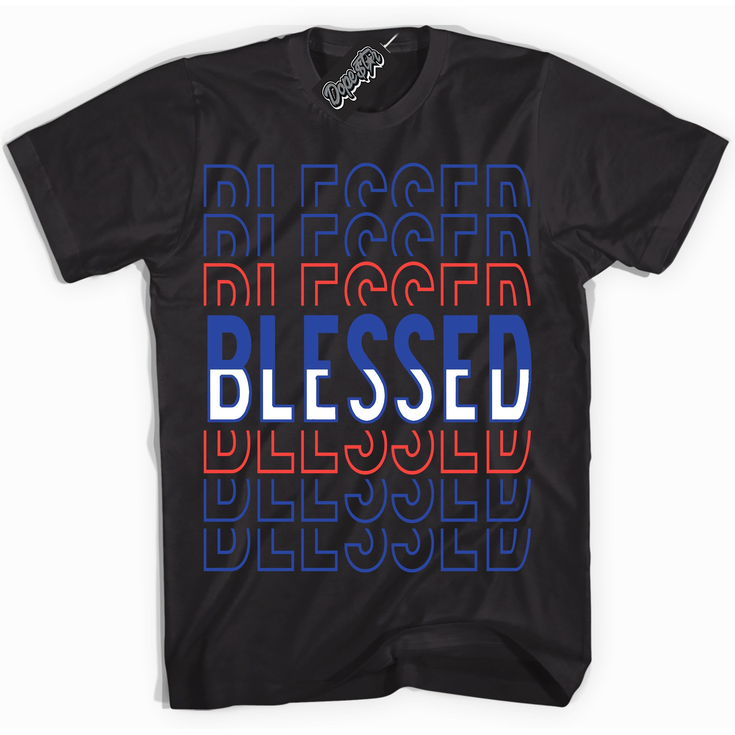 Cool Black Shirt with “ Blessed Stacked ” design that perfectly matches Ultramarine 180s Sneakers.