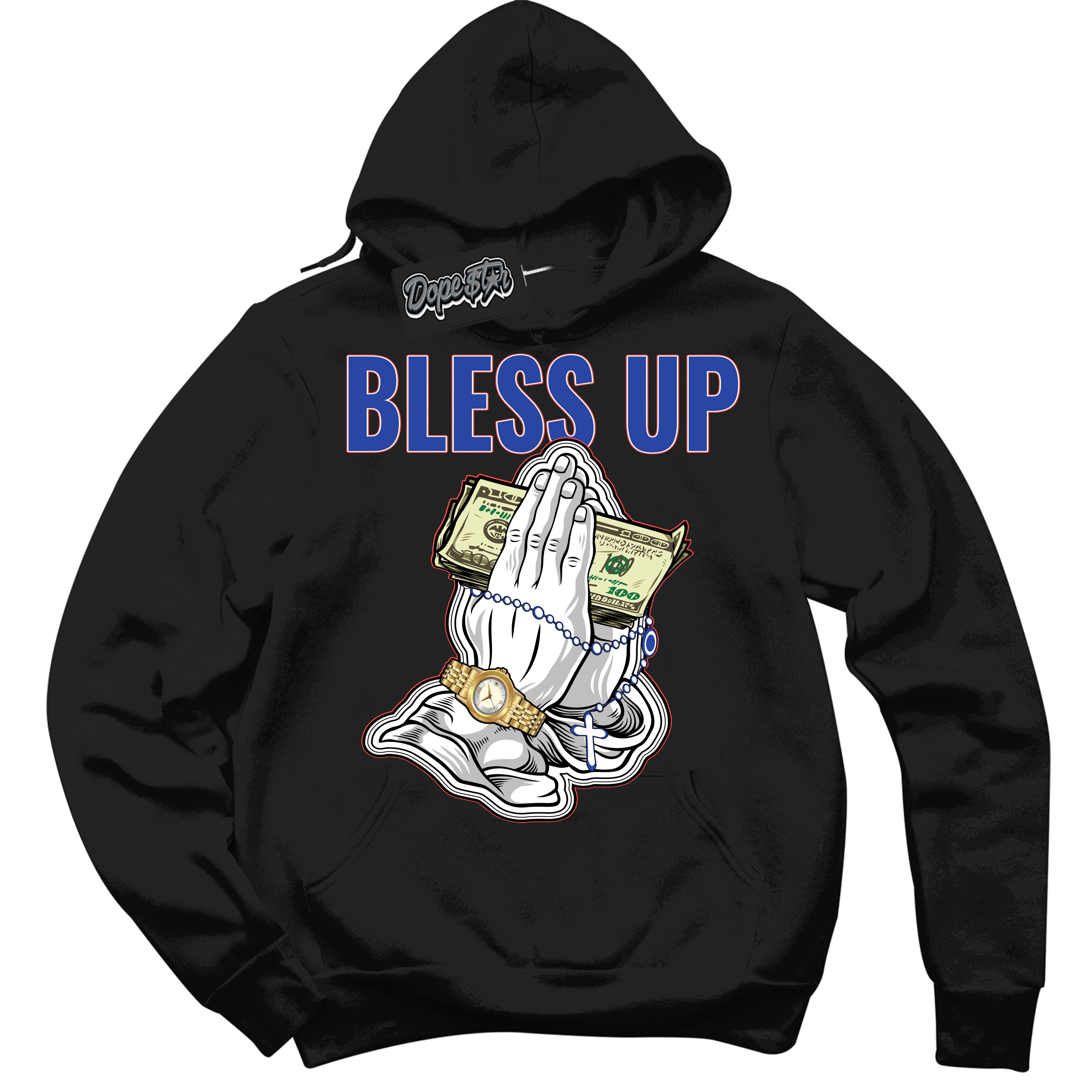 Cool Black Hoodie with “ Bless Up '' design that Perfectly Matches  Ultramarine 180s Sneakers.