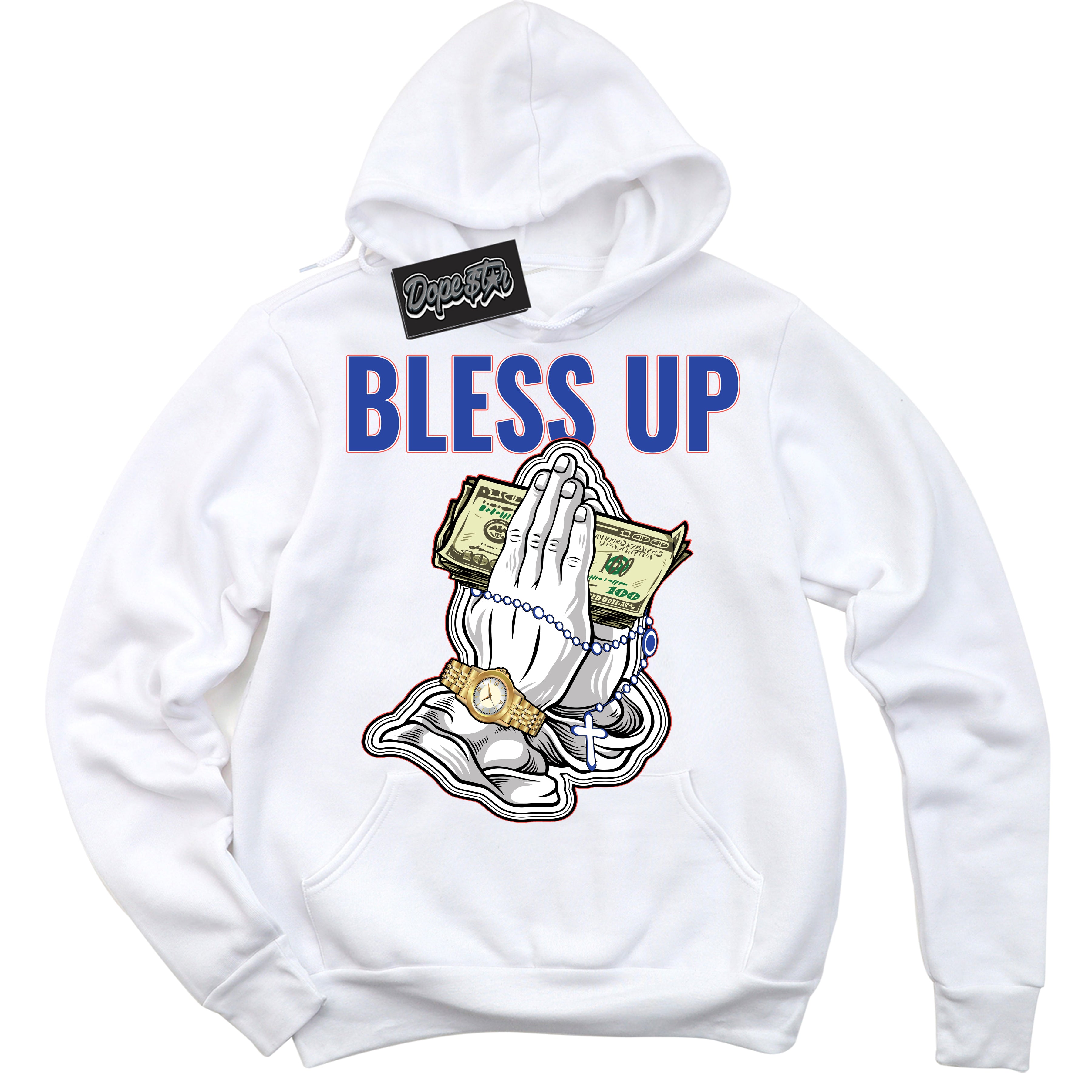 Cool White Hoodie with “ Bless Up '' design that Perfectly Matches  Ultramarine 180s Sneakers.