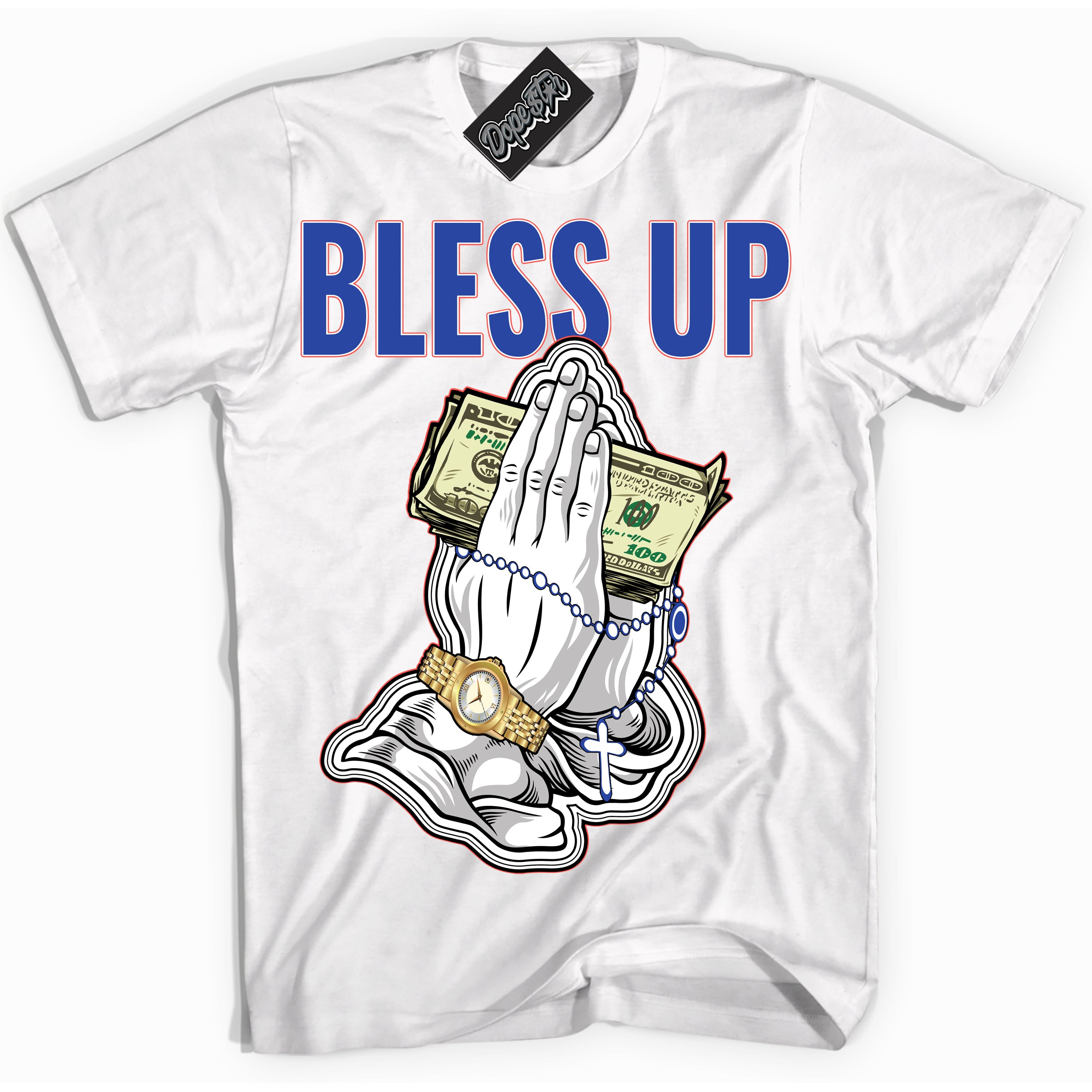 Cool White Shirt with “ Bless Up ” design that perfectly matches Ultramarine 180s Sneakers.