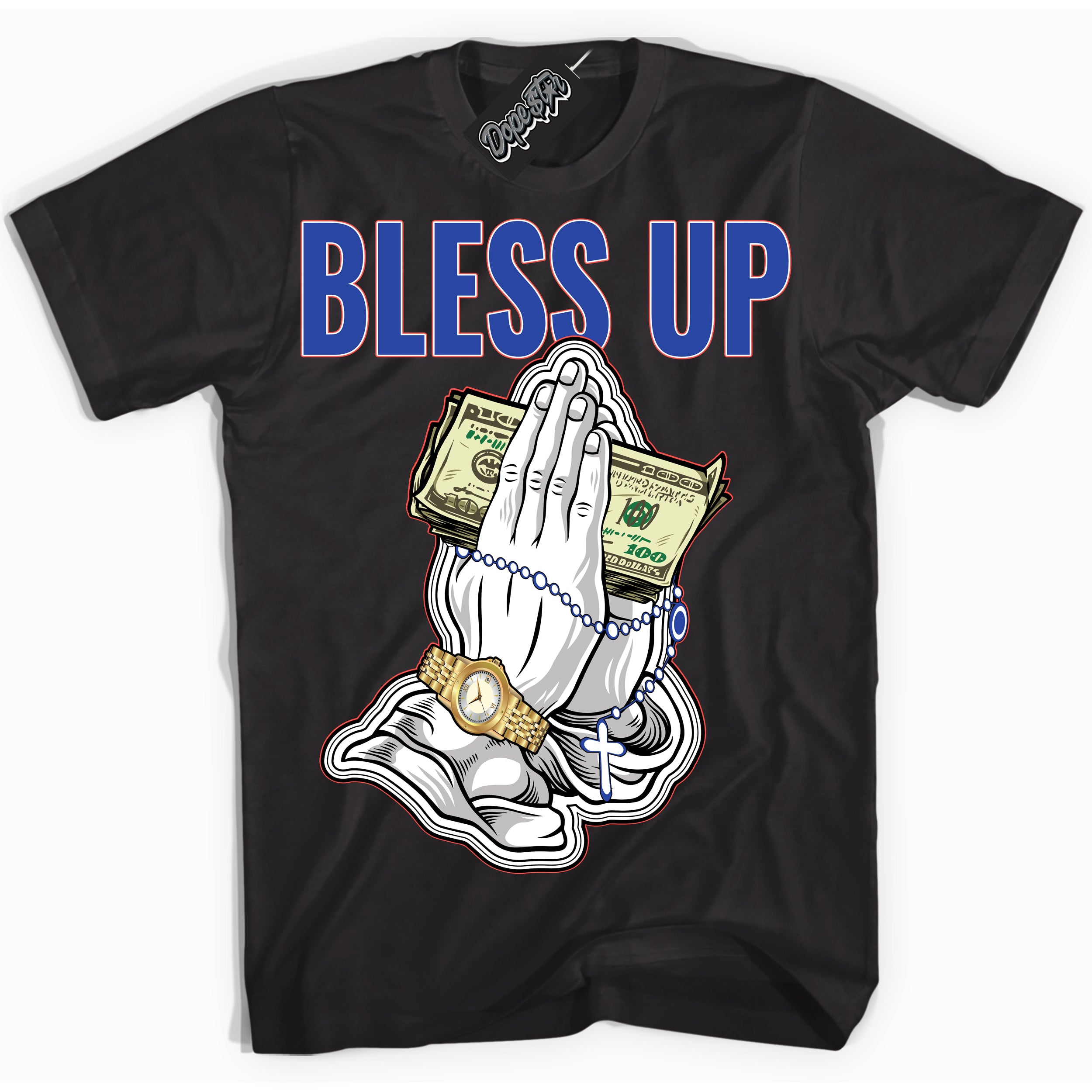 Cool Black Shirt with “ Bless Up ” design that perfectly matches Ultramarine 180s Sneakers.