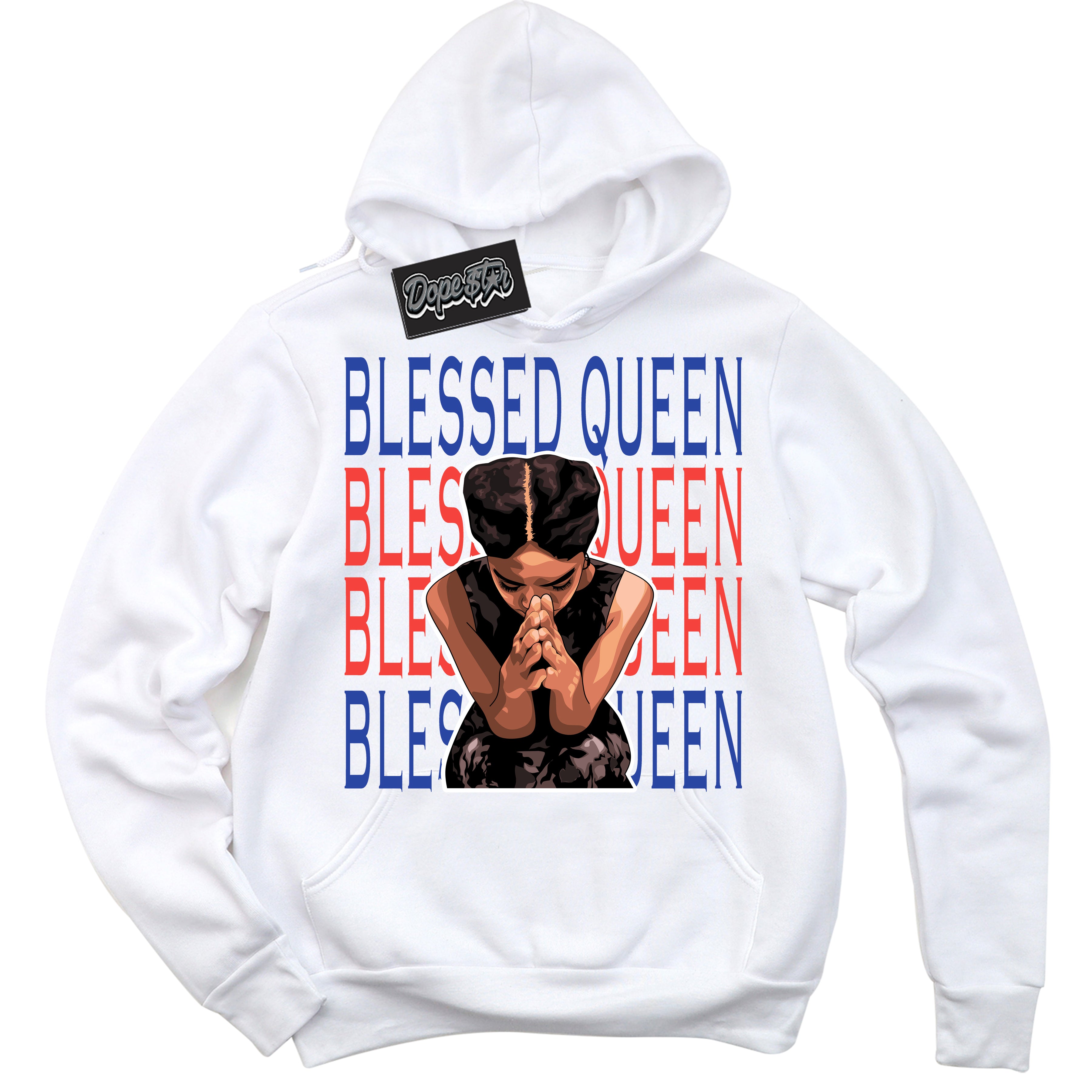 Cool White Hoodie with “ Blessed Queen '' design that Perfectly Matches  Ultramarine 180s Sneakers.