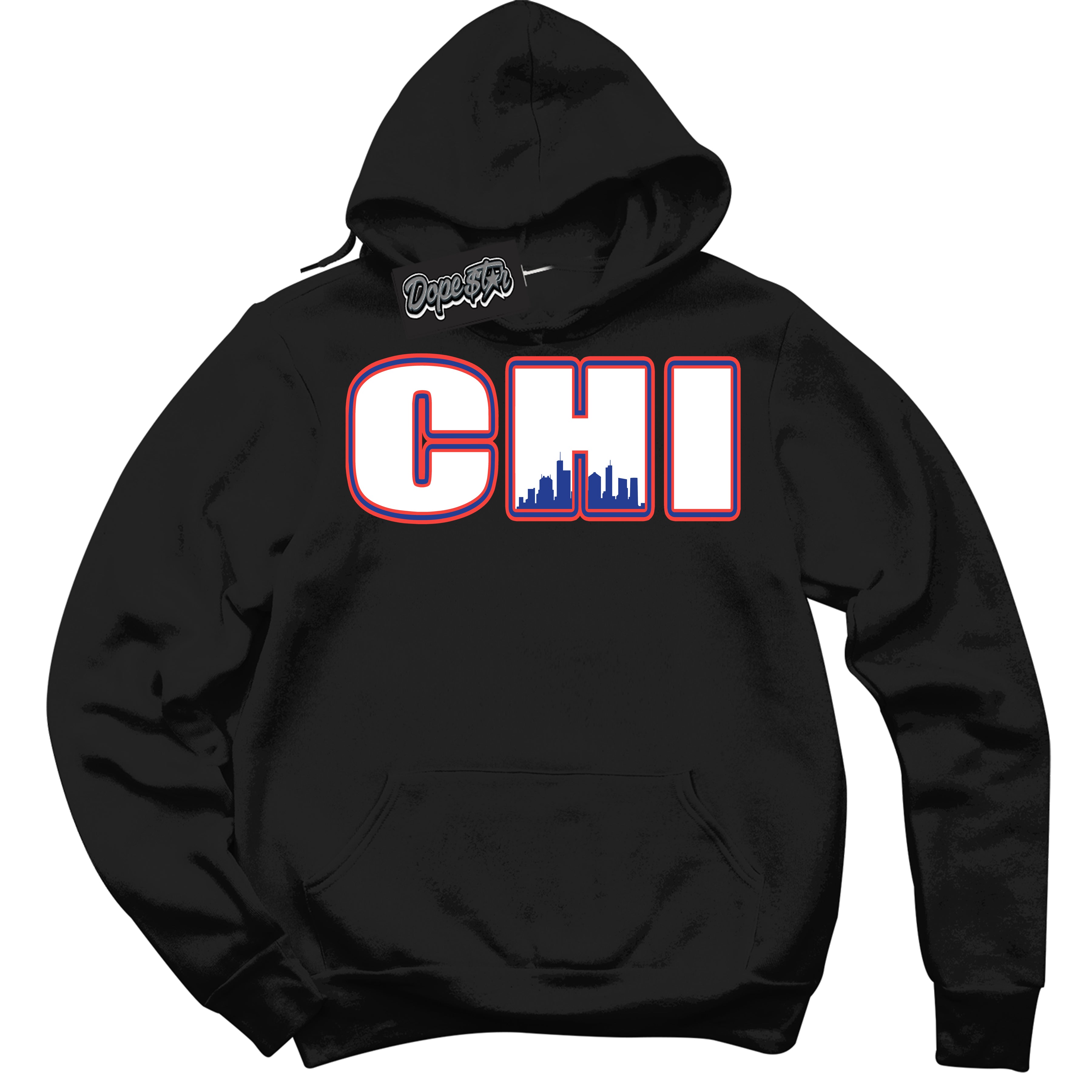 Cool Black Hoodie with “ Chicago '' design that Perfectly Matches  Ultramarine 180s Sneakers.