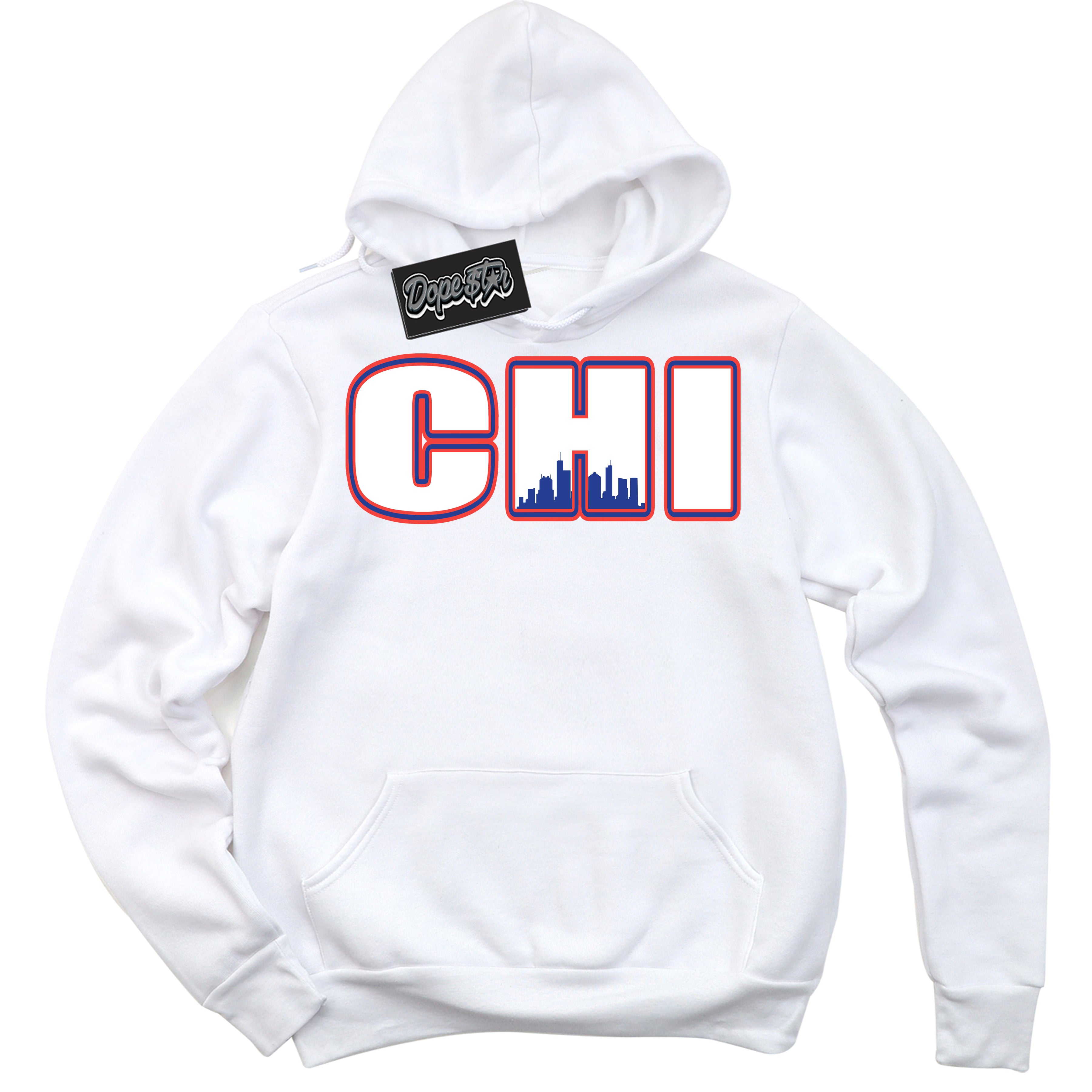 Cool White Hoodie with “ Chicago '' design that Perfectly Matches  Ultramarine 180s Sneakers.