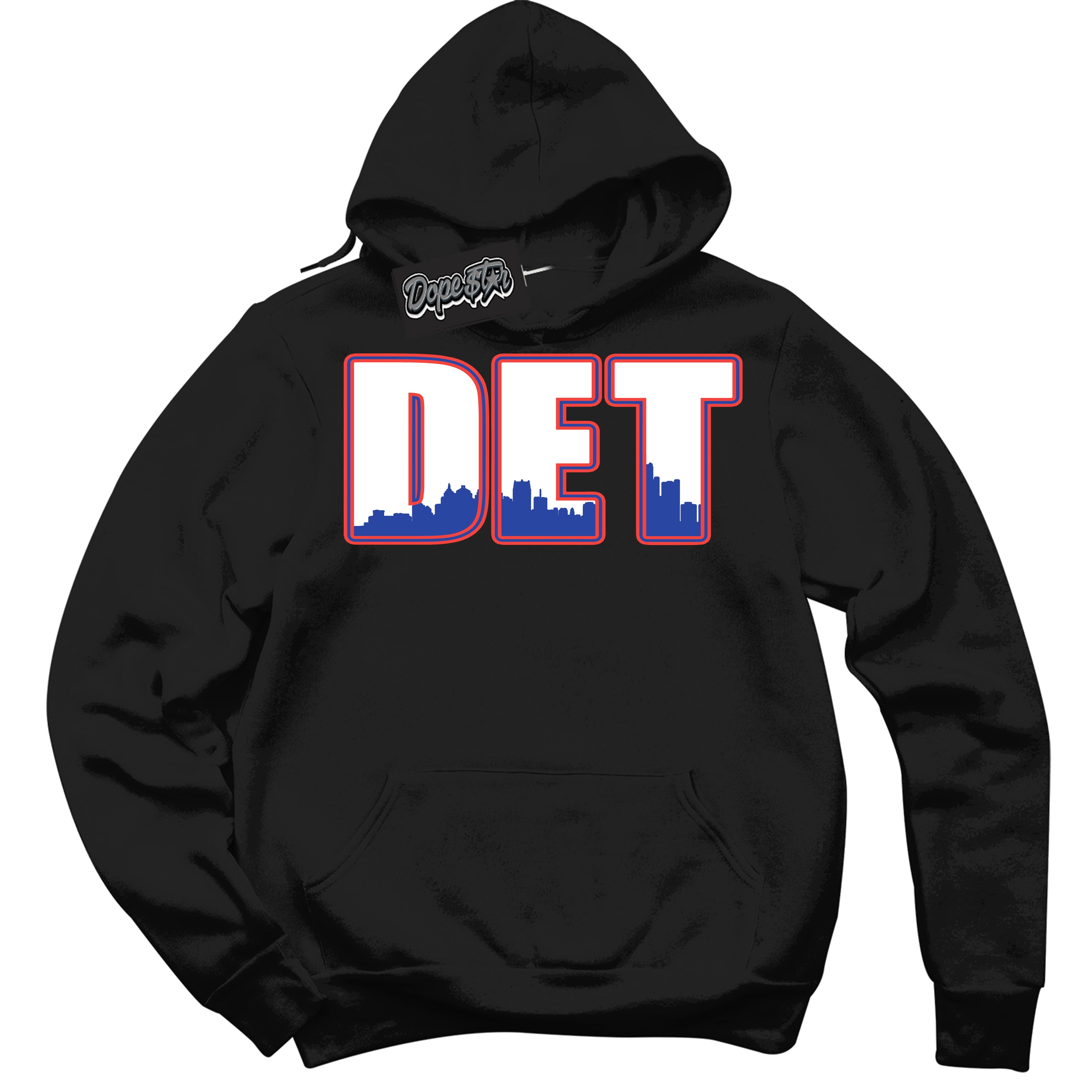 Cool Black Hoodie with “ Detroit '' design that Perfectly Matches  Ultramarine 180s Sneakers.