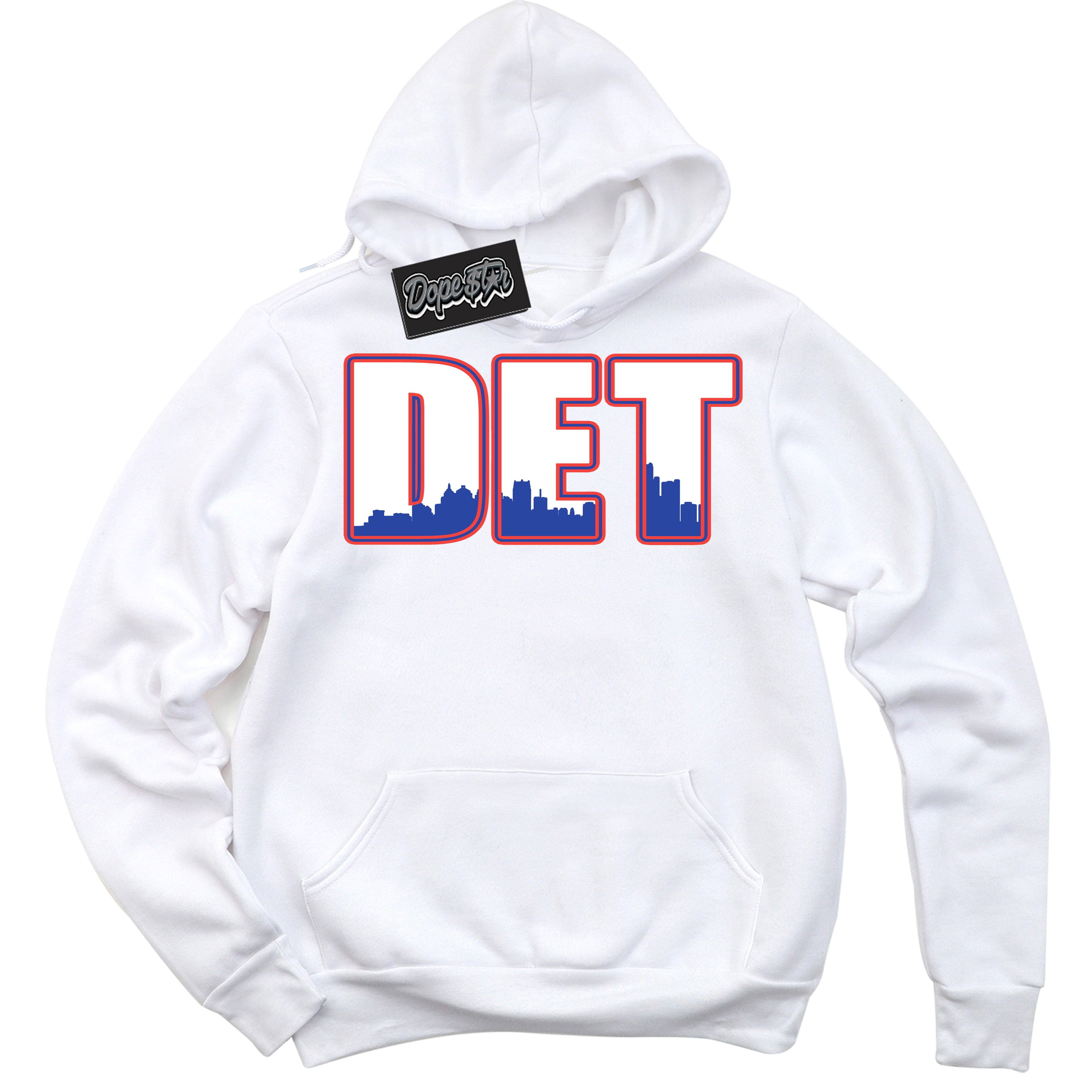 Cool White Hoodie with “ Detroit '' design that Perfectly Matches  Ultramarine 180s Sneakers.