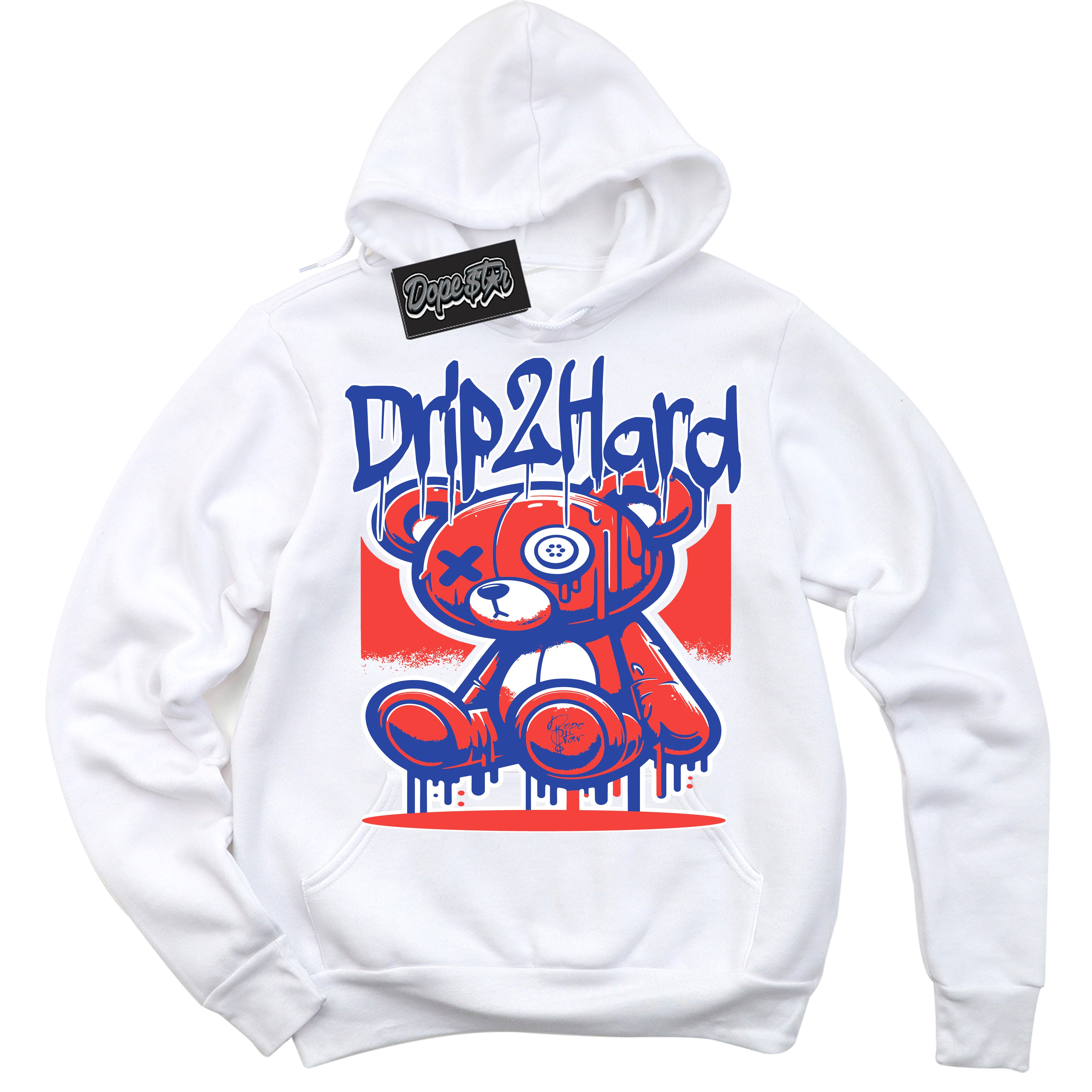 Cool White Hoodie with “ Drip 2 Hard '' design that Perfectly Matches  Ultramarine 180s Sneakers.