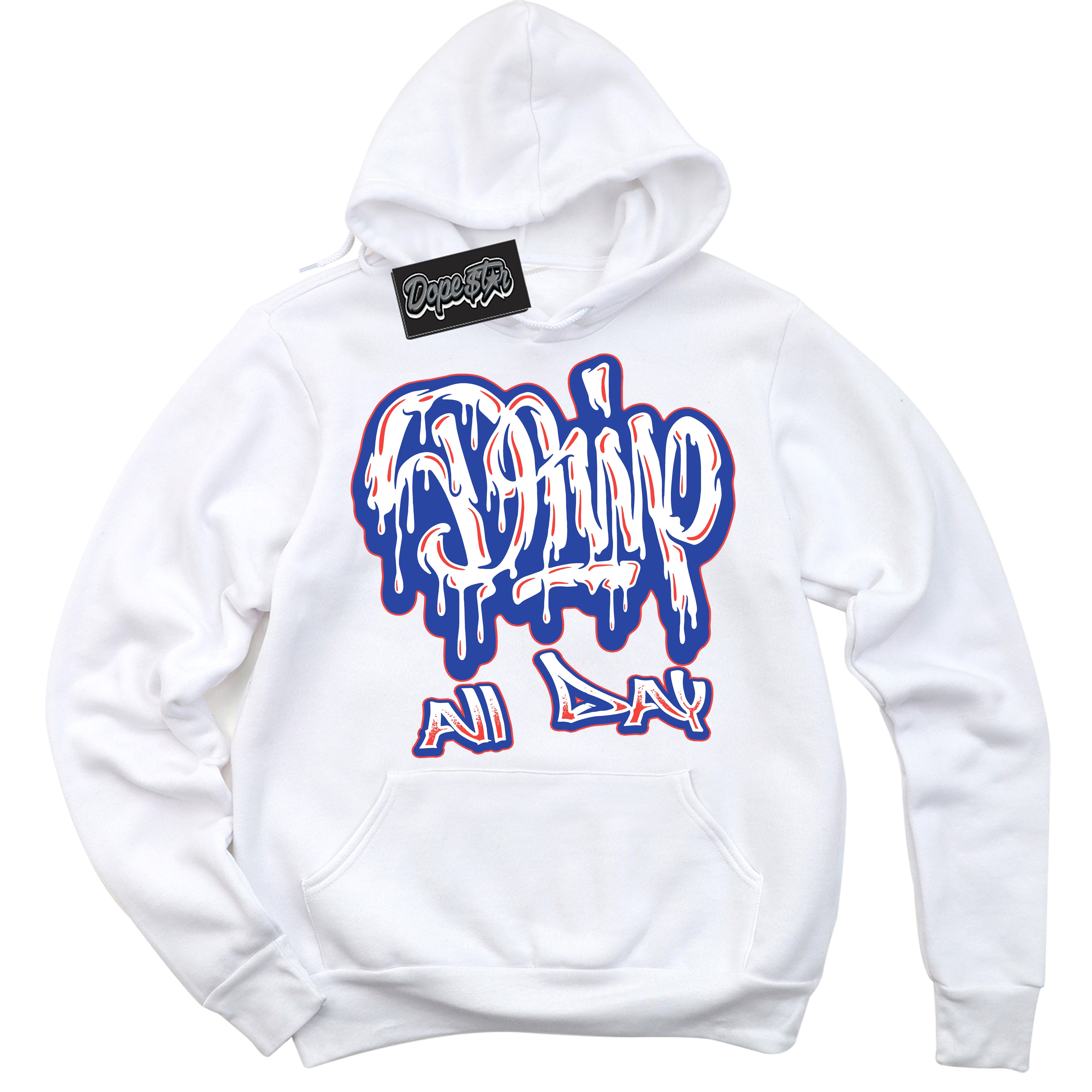 Cool White Hoodie with “ Drip All Day '' design that Perfectly Matches  Ultramarine 180s Sneakers.