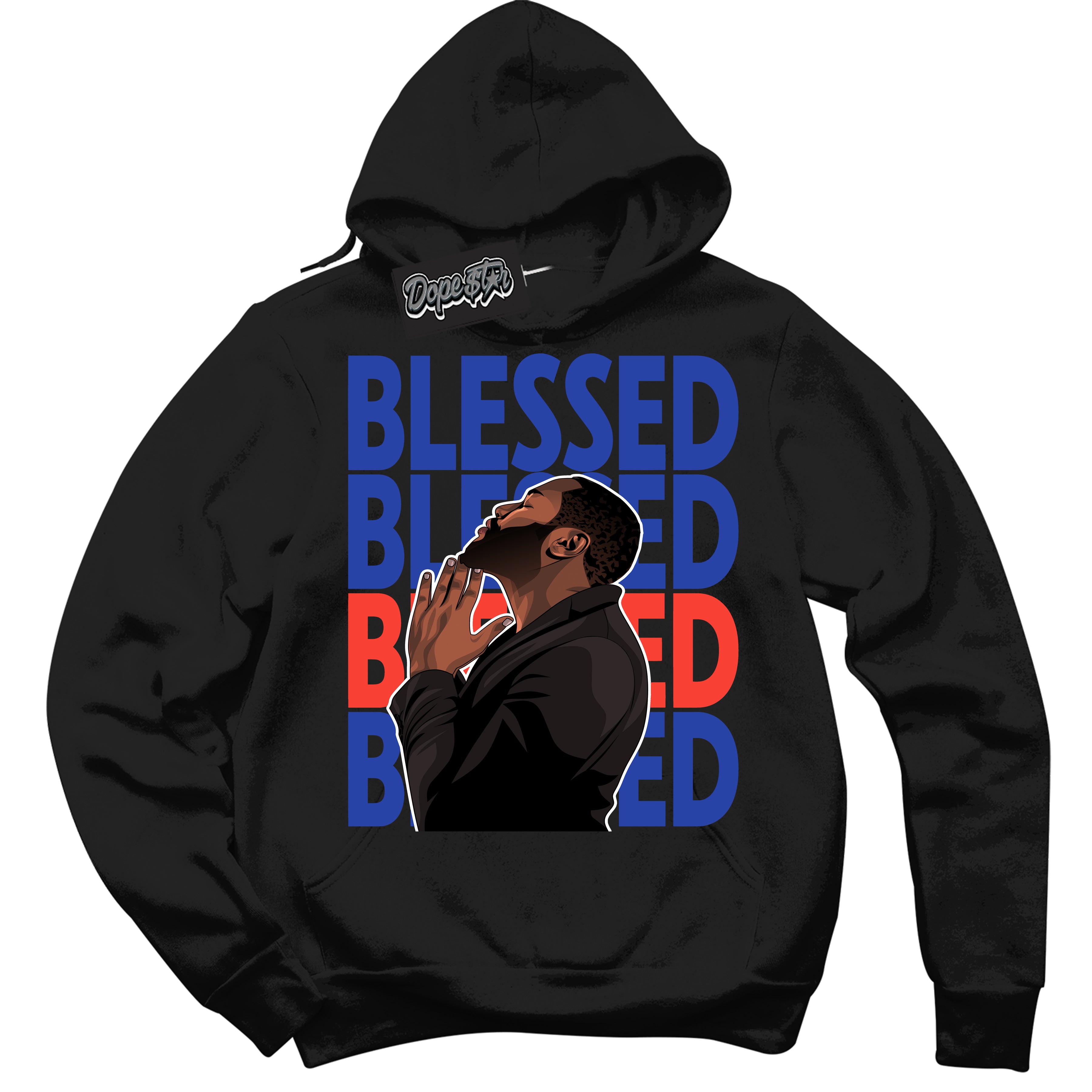 Cool Black Hoodie with “ God Blessed '' design that Perfectly Matches  Ultramarine 180s Sneakers.