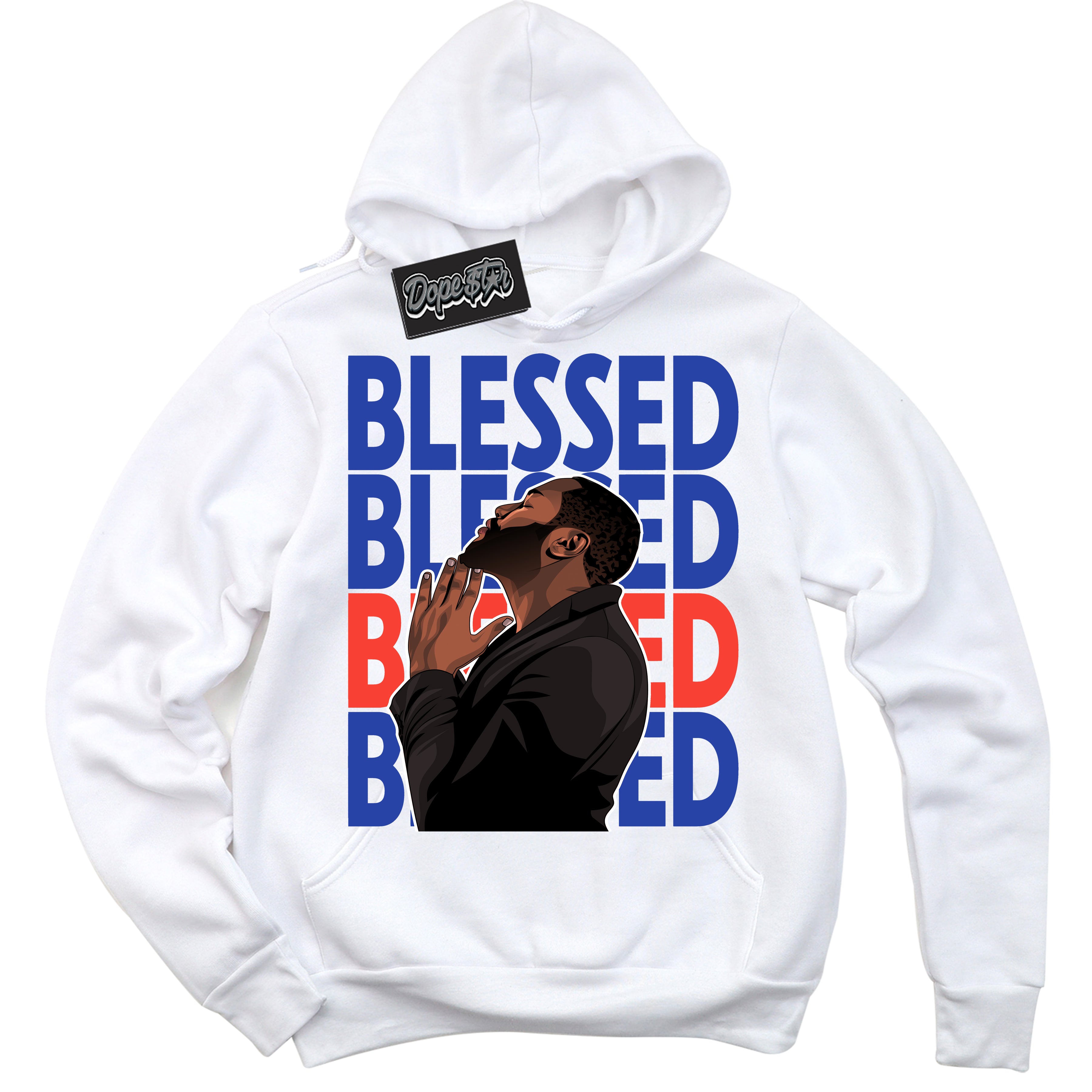 Cool White Hoodie with “ God Blessed '' design that Perfectly Matches  Ultramarine 180s Sneakers.