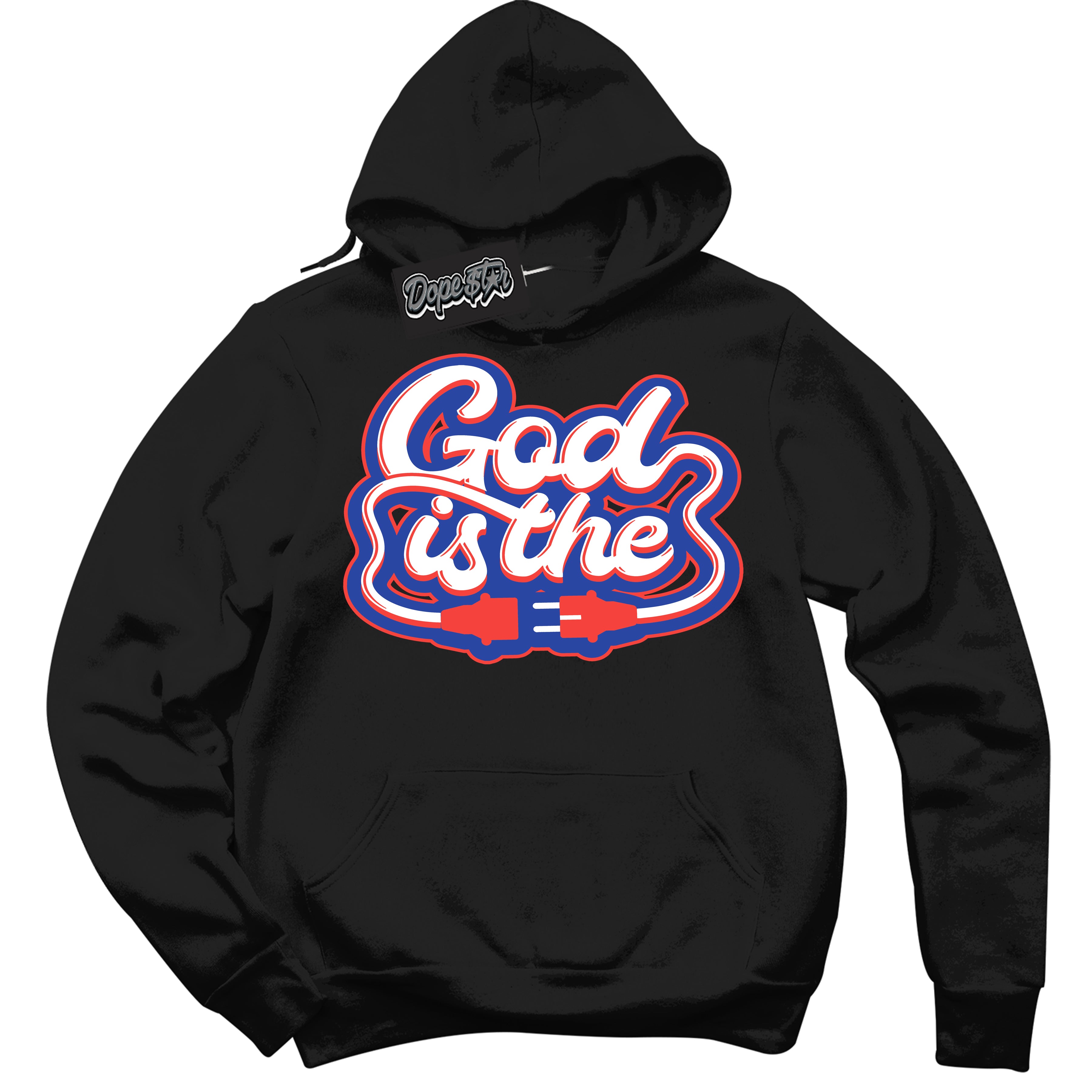 Cool Black Hoodie with “ God Is The '' design that Perfectly Matches  Ultramarine 180s Sneakers.