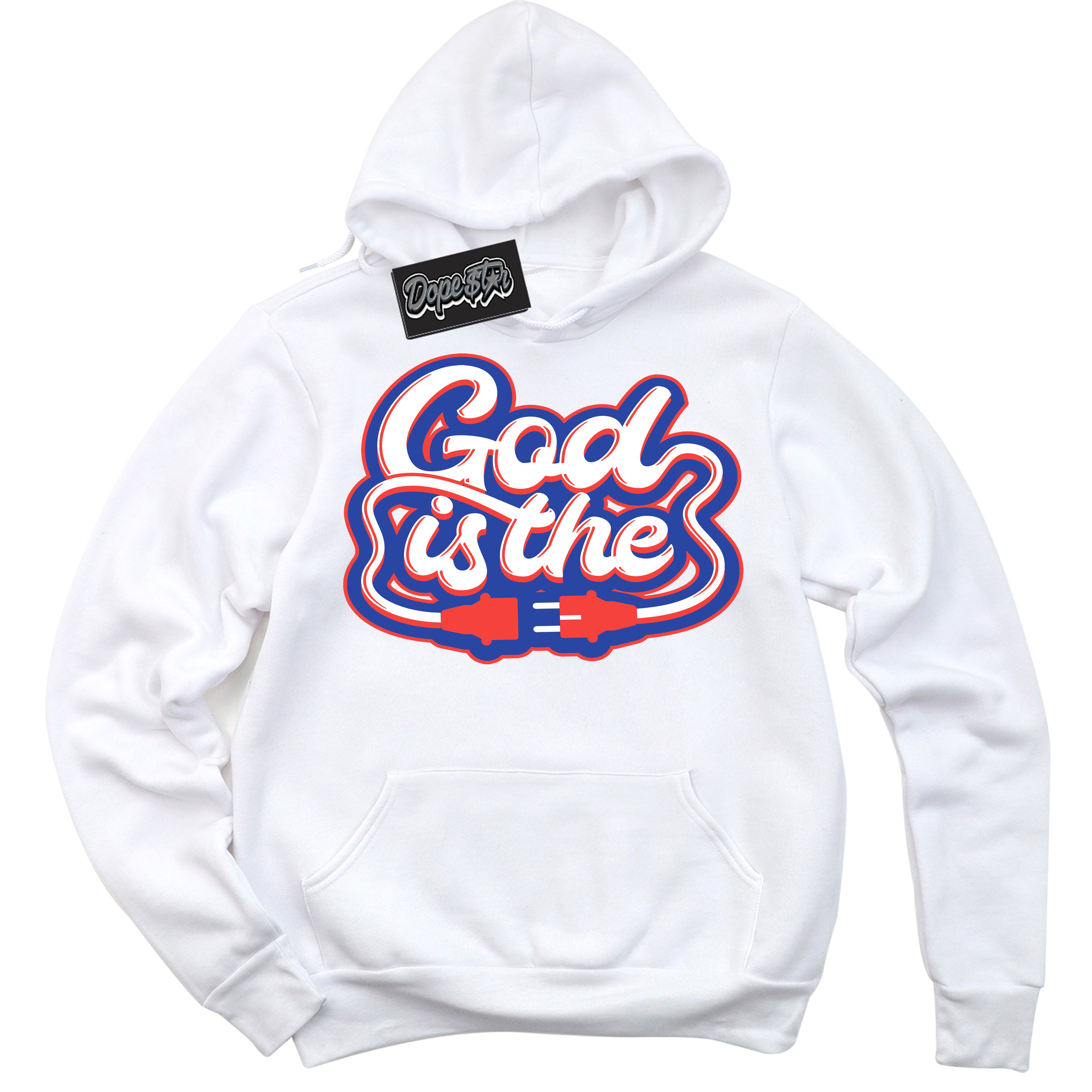 Cool White Hoodie with “ God Is The '' design that Perfectly Matches  Ultramarine 180s Sneakers.